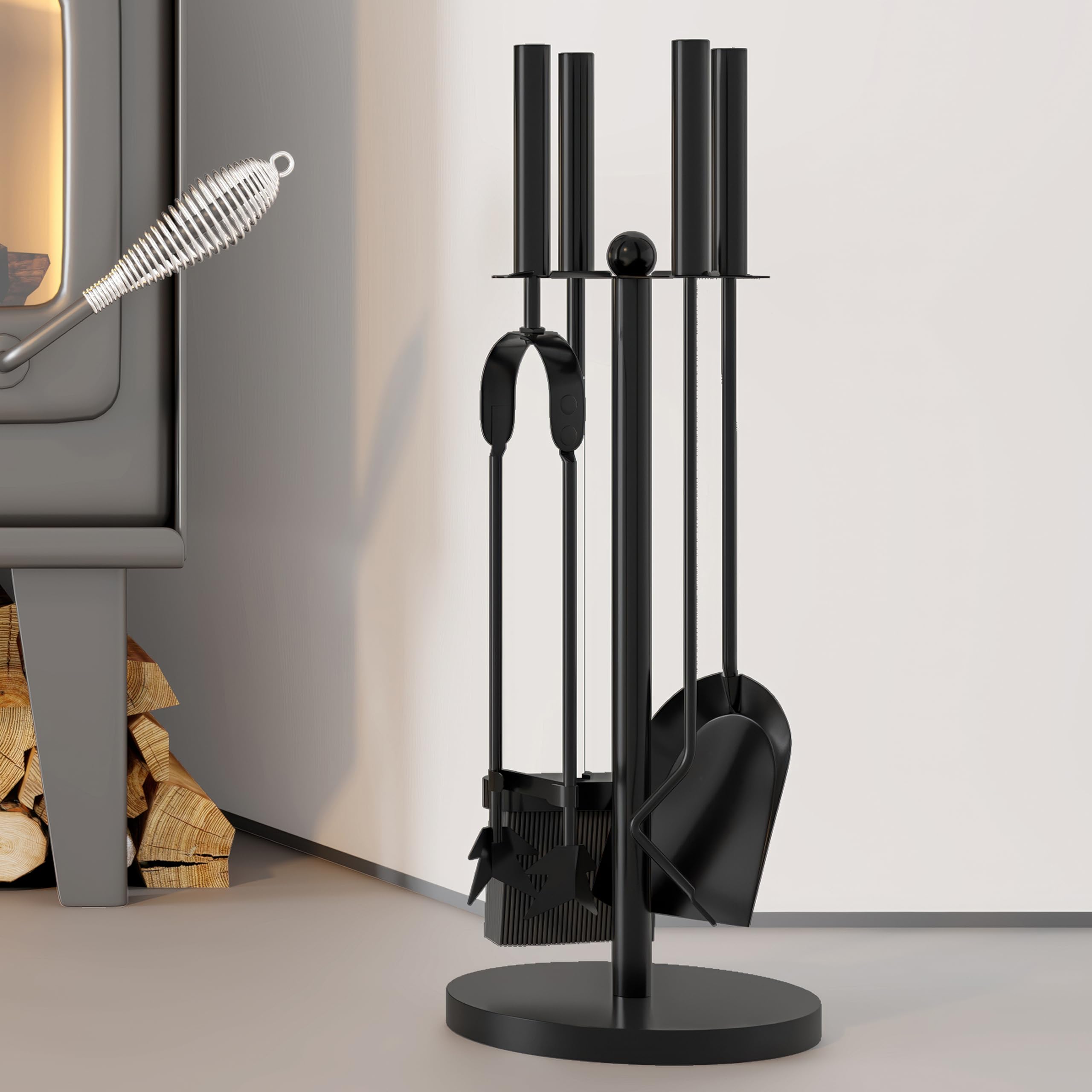Kingson - Juego de 5 piezas para chimenea negro – Dia18x48cm – Accesorios para quemador de leña – Kit completo de herramientas para el mantenimiento de chimeneas