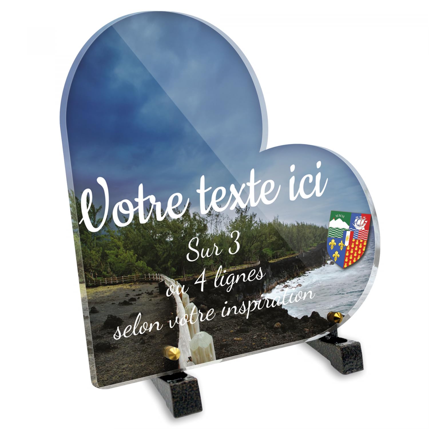 Targa funeraria cuore personalizzabile in plexi motivo regionale paesaggio la riunione, diverse dimensioni, spessore 6 mm, personalizzata su più linee, 20 x 20 cm