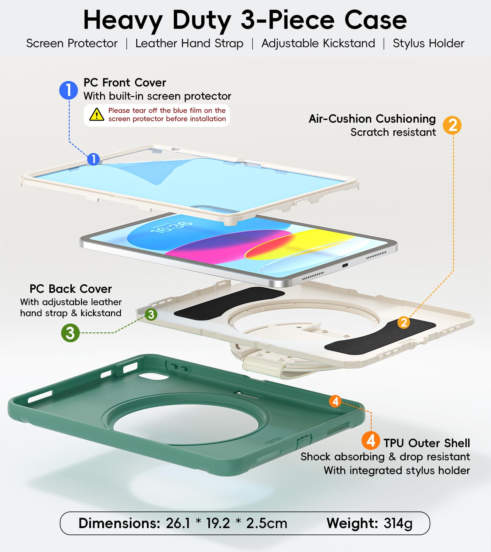 BATYUE Custodia per iPad 10°/11° generazione (A16), resistente, cinturino in pelle, supporto multi-angolo, protezione schermo integrata, portapenne, facile da pulire, ideale per uso personale e