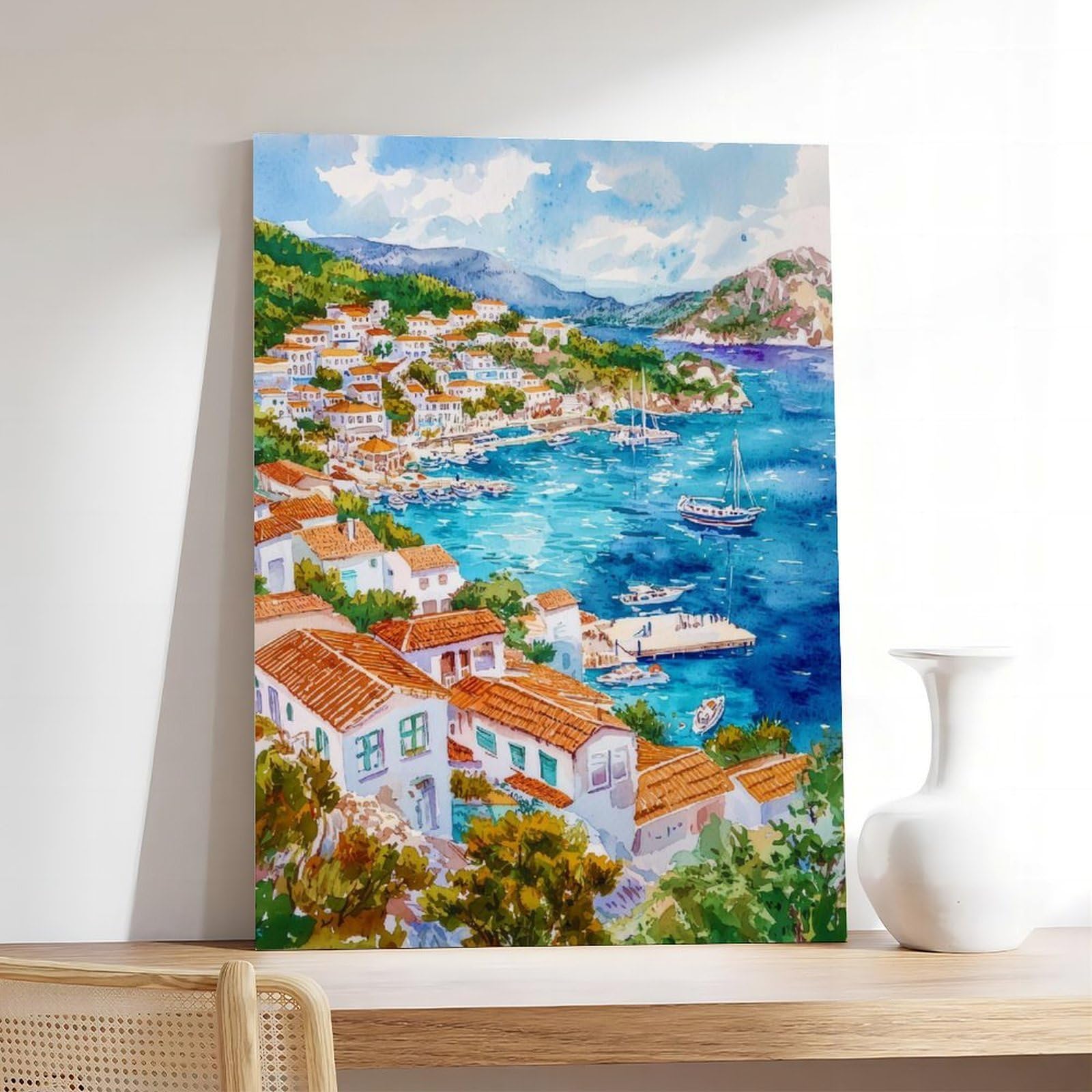 F I N U C B Kas Aquarell-Poster, Wandkunst, Kas, Wandbehang, Heimdekoration, Geschenk, Kunstliebhaber, Türkei, Liebhaber, Geschenk, Leinwand, Dekoration, Druckrahmen, 50,8 x 76,2 cm