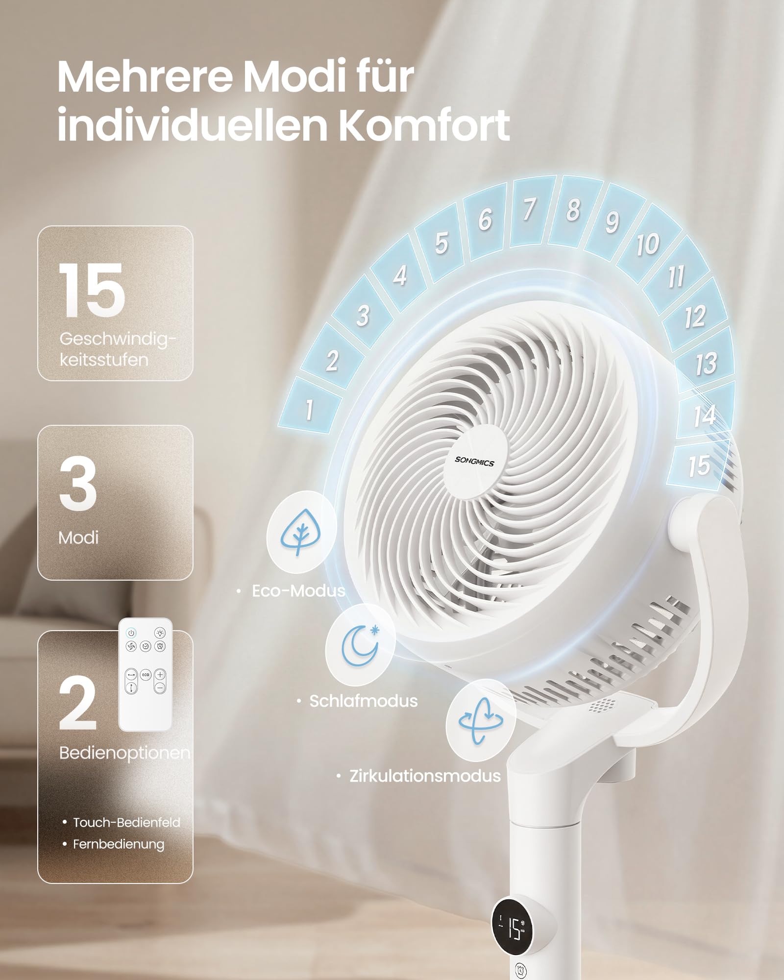 SONGMICS Standventilator, Ventilator leise 20 dB mit Fernbedienung, Luftzirkulator 120° und 135° Oszillation, 15 Geschwindigkeiten, 15 Std. Timer, 3 Modi, höhenverstellbar, wolkenweiß XFC002W1EU