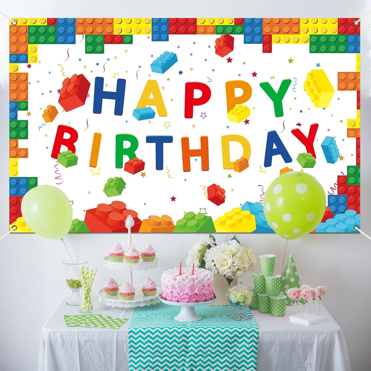 chiazllta Building Blocks Happy Birthday Banner Colorful Blocks Birthday Party Decorations Backdrop Photography Background for Children Kids Boys Girls Building Block Theme Party Supplies, 71 x 43 Inc