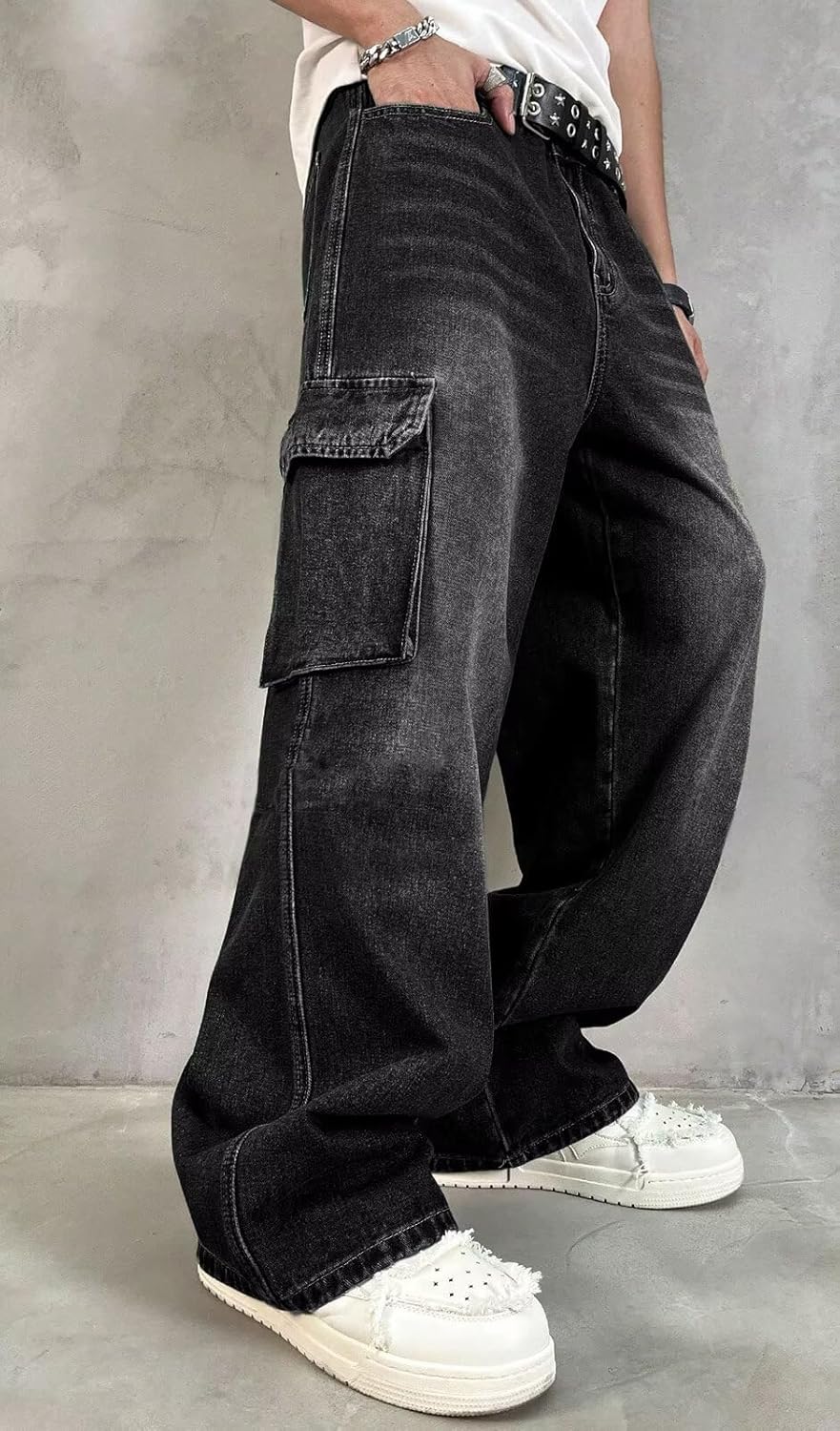 HUNGSON Mens Baggy Cargo Jeans for Men Women Y2k Skater Vintage Plain Pants Casual Wide Leg Jeans Loose Fit Denim Jeans - Image 3