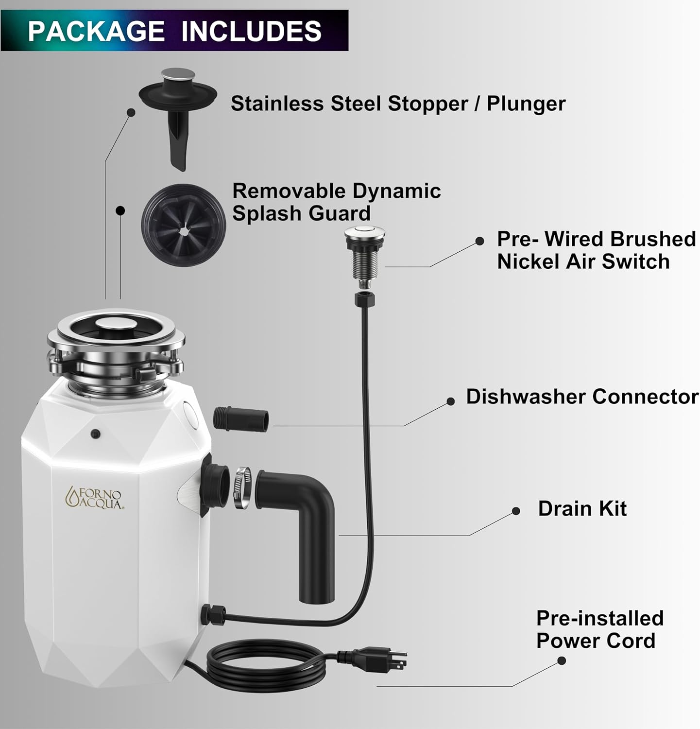 FORNO ACQUA BrightDIAMOND Moonstone 3/4 HP Garbage Disposal, Super Quiet Waste Disposer with Motion Sensor Cabinet Light, Pre-Wired Air Switch, Stainless Steel Chamber, Continuous Feed