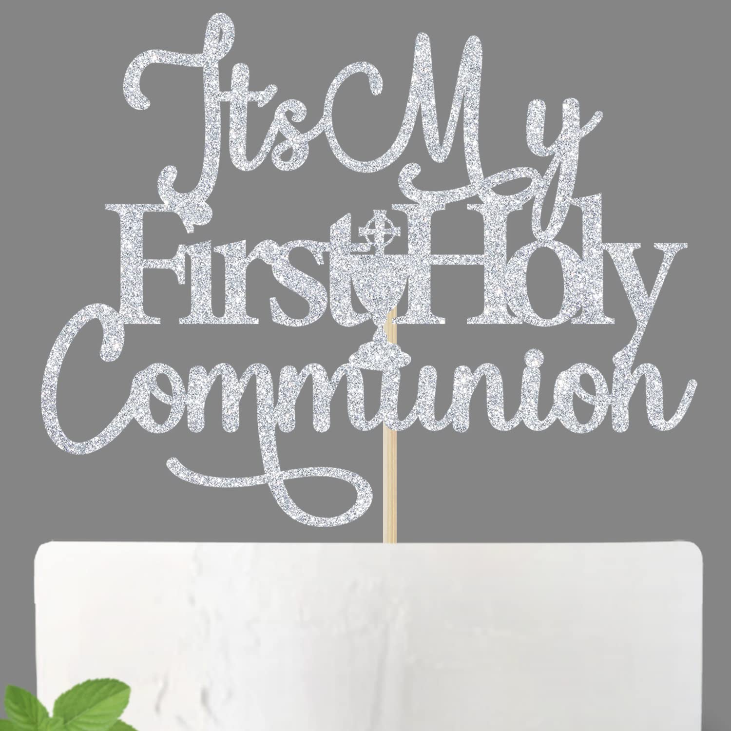 Tivurcia Silver Glitter It's My First Holy Communion Cake Topper, God Bless/Baptism/Christening/Confirmation/Baby Shower/Birthday/Communion Party Decoration Supplies