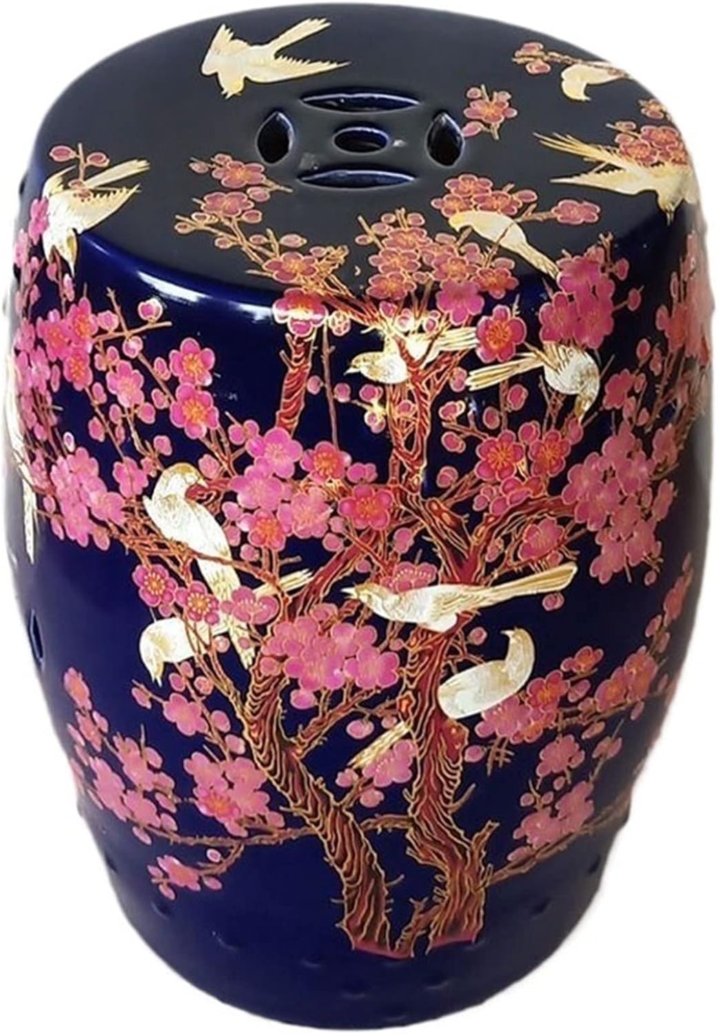 Drum Stool,Garden Stool, Decorative Ceramic Garden Stool, Glazed Vintage Flower and Bird Hollow Changing Stool, Suitable for Living Room, Balcony, Garden, Etc.(Fuchsia)