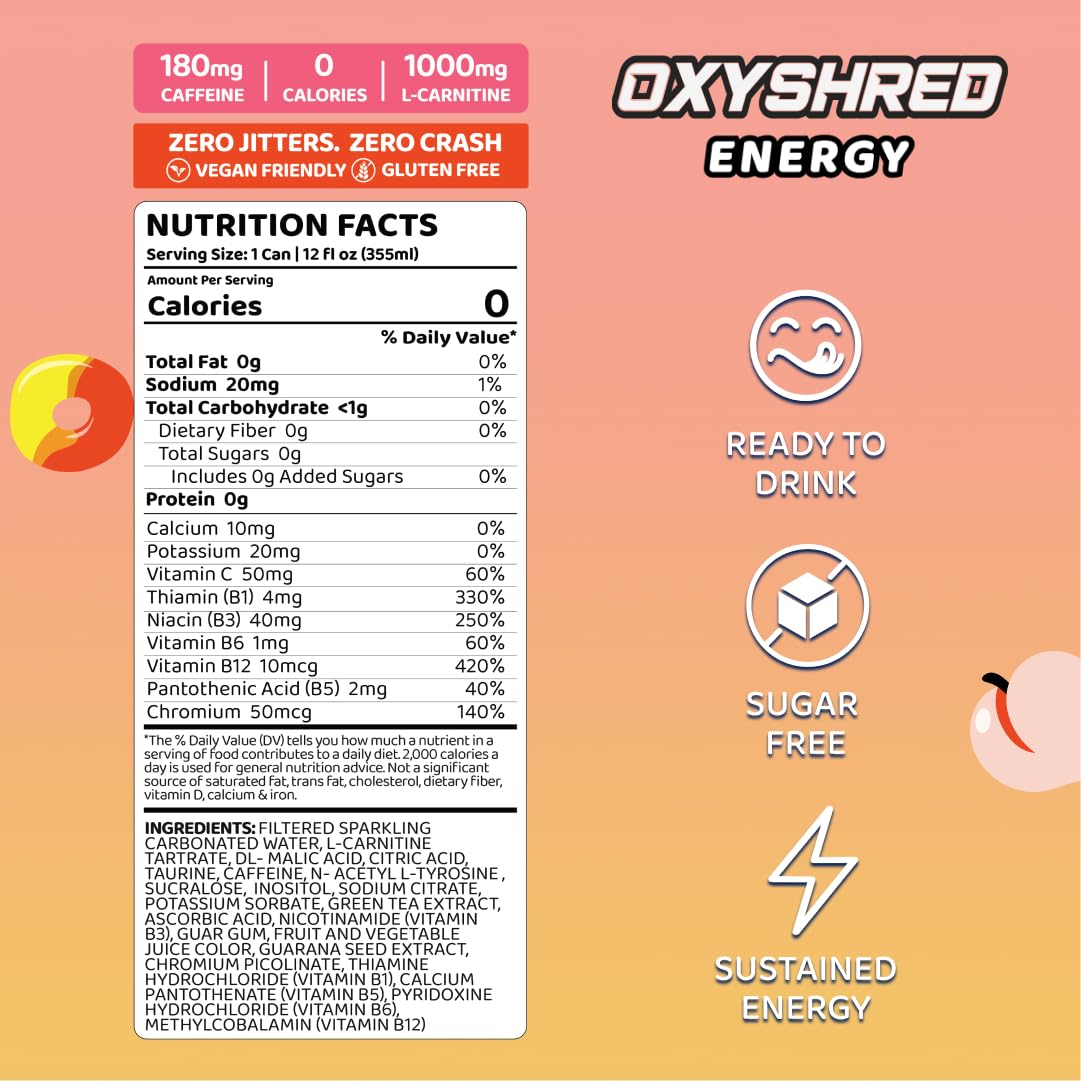 EHP Labs OxyShred Healthy Energy Drink - Zero Sugar Energy Drinks with Amino Acids, Green Tea Extract, Vitamin C & L Carnitine - Zero Carbs, Zero Calories, Clean Caffeine, Peach Candy Rings (12-Pack) - Image 2
