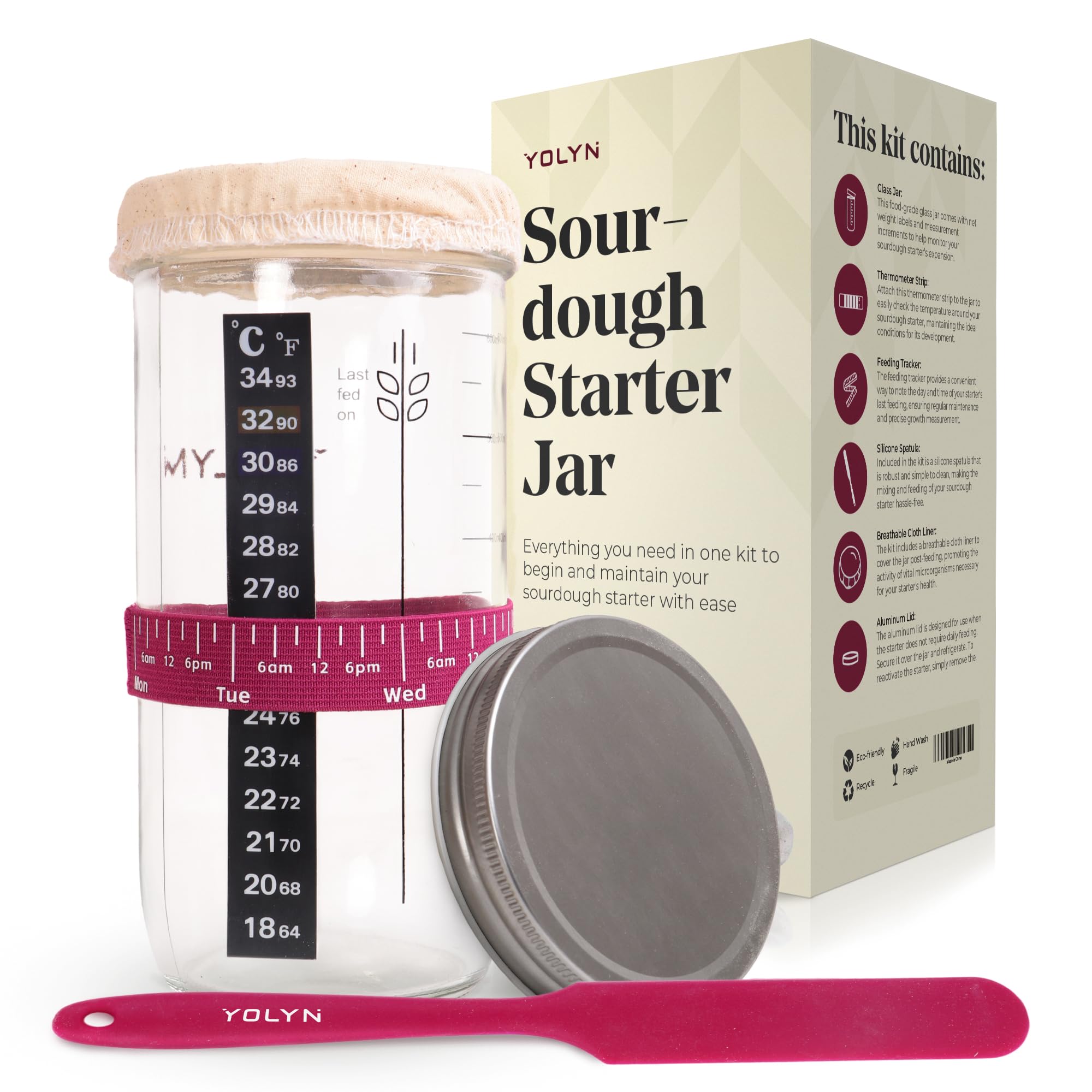 Sourdough Starter Jar Kit with Metal Lid - 24 oz Large Wide Mouth Glass Sourdough Jar - Bread Baking Supplies Includes Silicone Spatula, Feeding Day Band, Sour Dough Bread Container & Thermometer