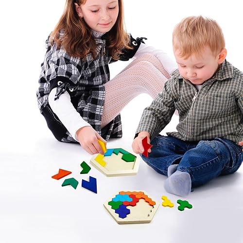 Miniatura 6 de YUQILIN 6 rompecabezas de madera Tangrams para niños, rompecabezas hexagonales de madera para niños pequeños, rompecabezas geométricos de cerebro,