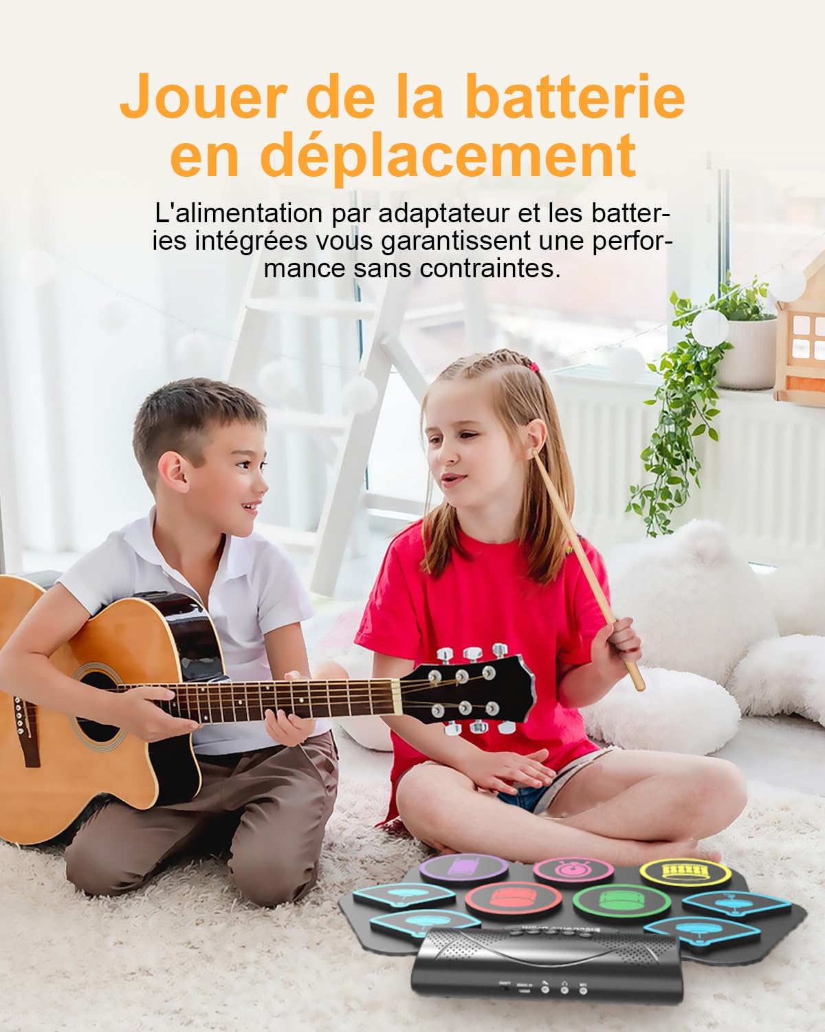 Batterie électronique pour enfants, 9 pads Roll-Up Drum avec MIDI Bluetooth, kit de pads de batterie d'entraînement pour enfants débutants avec haut-parleur stéréo intégré, baguettes de batterie
