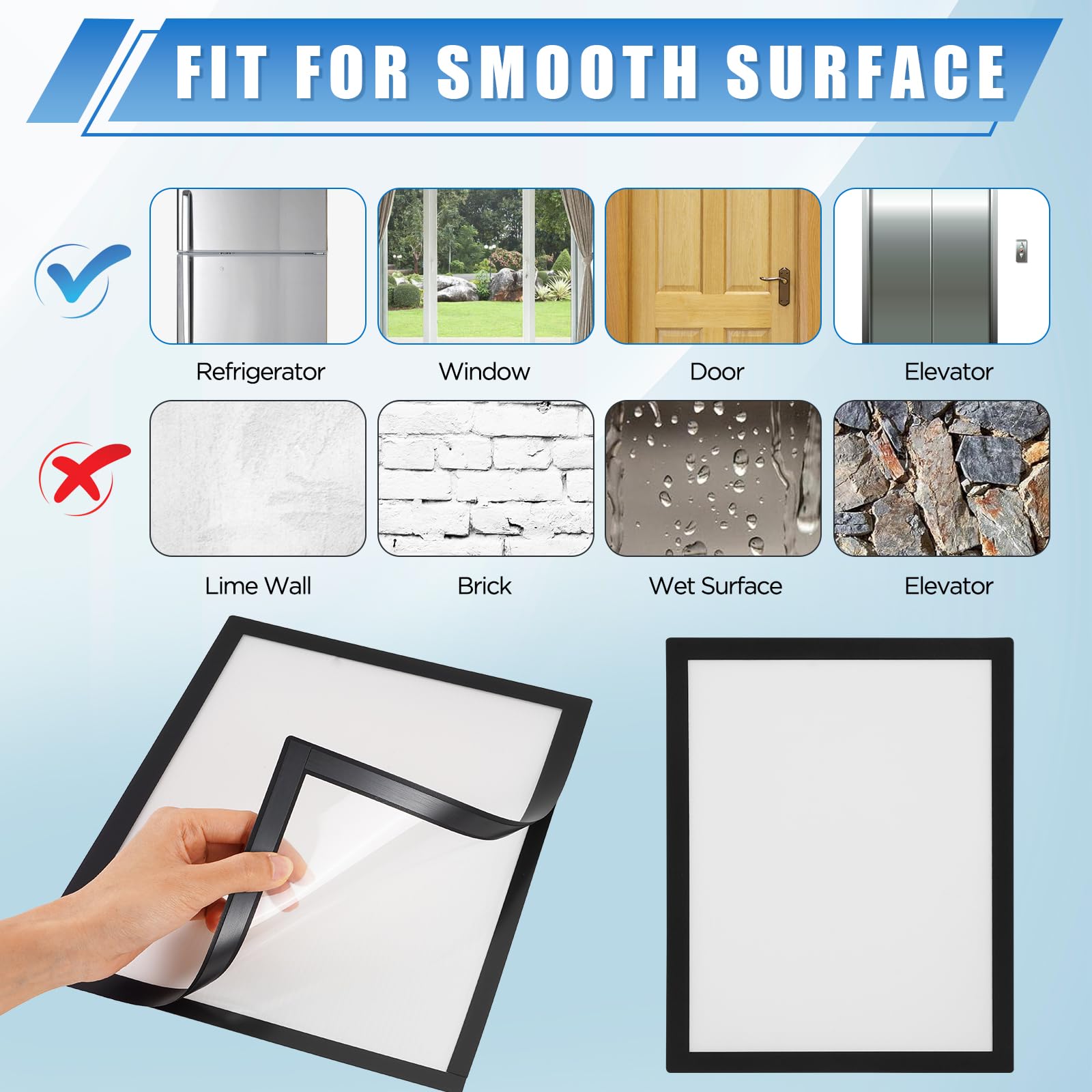 Paquete de 20 soportes magnéticos autoadhesivos para letreros de pared de 8.5 x 11 pulgadas, marcos de fotos mixtiles que se adhieren a la pared, ventana, marco de exhibición para oficina en casa,