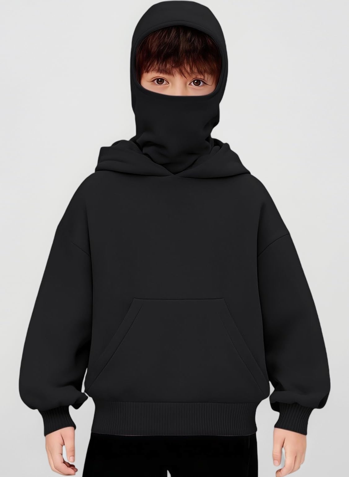 Kids Hoodies Balaclava Double Hooded Windproof Pullover with Face Mask Comfortable Soft Sweatshirts Causal Lightweight Sportwear Trendy Long Sleeve Tops with Pockets
