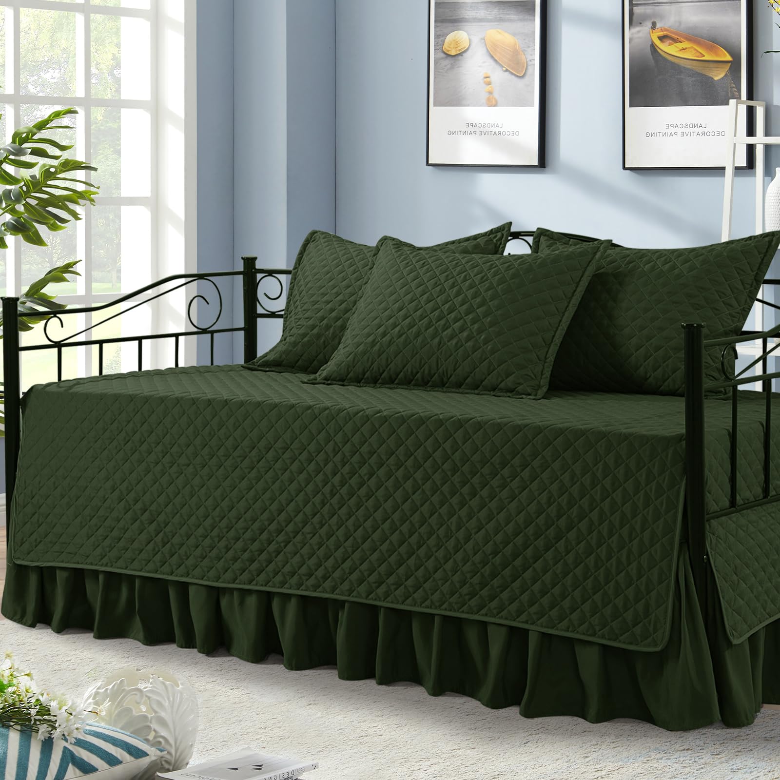 BALAPET 5 Piece Daybed Sets, Quilted Daybed Bedding Set, Twin Size All Season Cozy Daybed Covers Set with Bedskirt and Shams, 75"x39", Olive Green