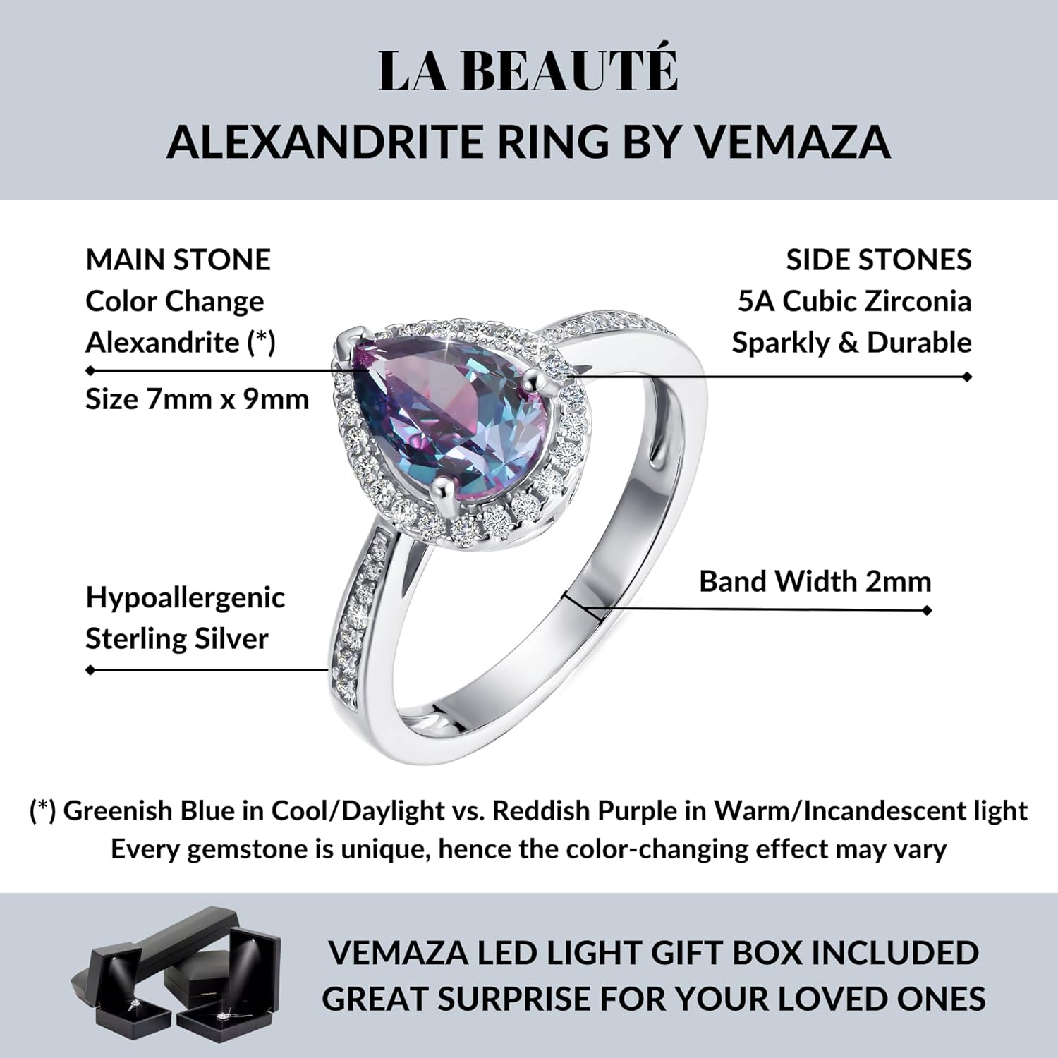 Color Change Alexandrite Ring 925 Sterling Silver June Birthstone Oval Kite Round Pear Shape Halo Cocktail Statement Engagement Ring Vintage Solitaire Three Stone Trilogy Lab Created Alexandrite Rings for Women