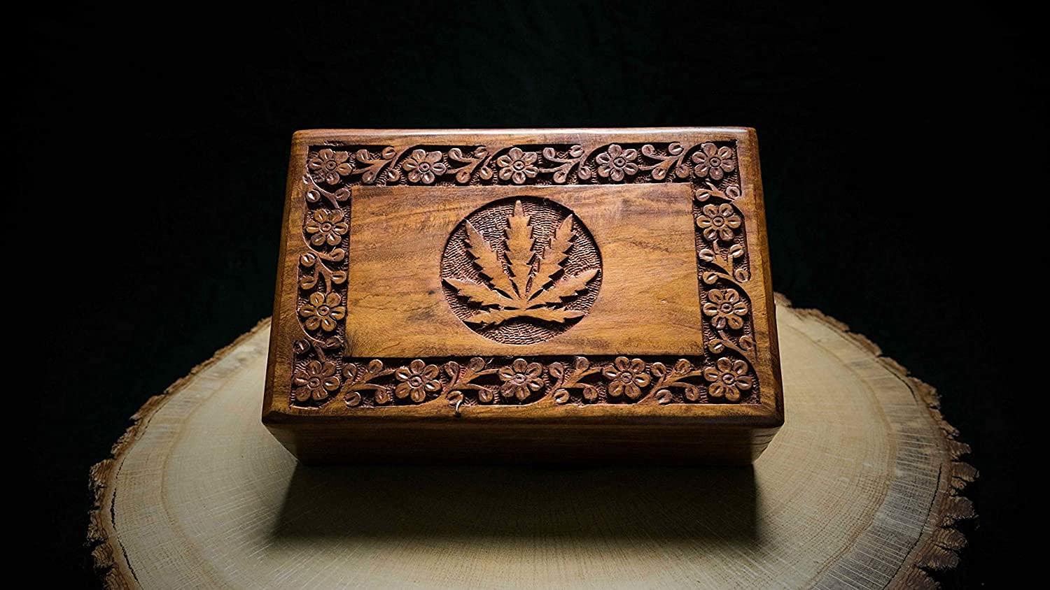 Smoking Wood Stash Box Smokers Box Wooden Tobacco Box Handmade Hand Carved Home Decorative Stoner Gift Box with led Light (Flower Leaf Style)-image-42