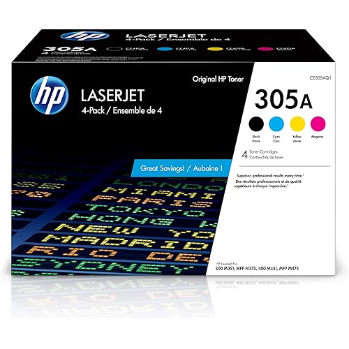 HP 305A Black, Cyan, Magenta, Yellow Toner Printer Cartridges (4-pack) | Works with Printer Series: LaserJet Pro 300 M351, MFP M375, LaserJet Pro 400 M451, MFP M475 | CE305AQ1
