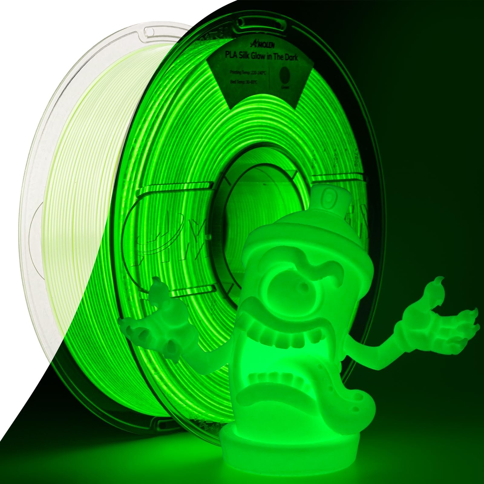 Glow in the Dark Pla Filament,Shiny Silk & Glow 3D Printer Filament Pla Glow Pla Filament 1.75mm Green, Best with UV Lamps, Dimensional Accuracy +/- 0.02 mm 1KG(2.2lb)