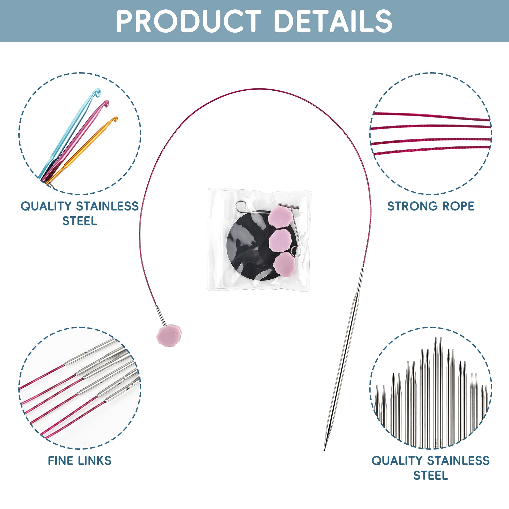 Juego de 9 pares de agujas circulares intercambiables con ganchos de ganchillo y funda, acero inoxidable y aluminio para principiantes y avanzados, ideal para proyectos de tejer y suéteres