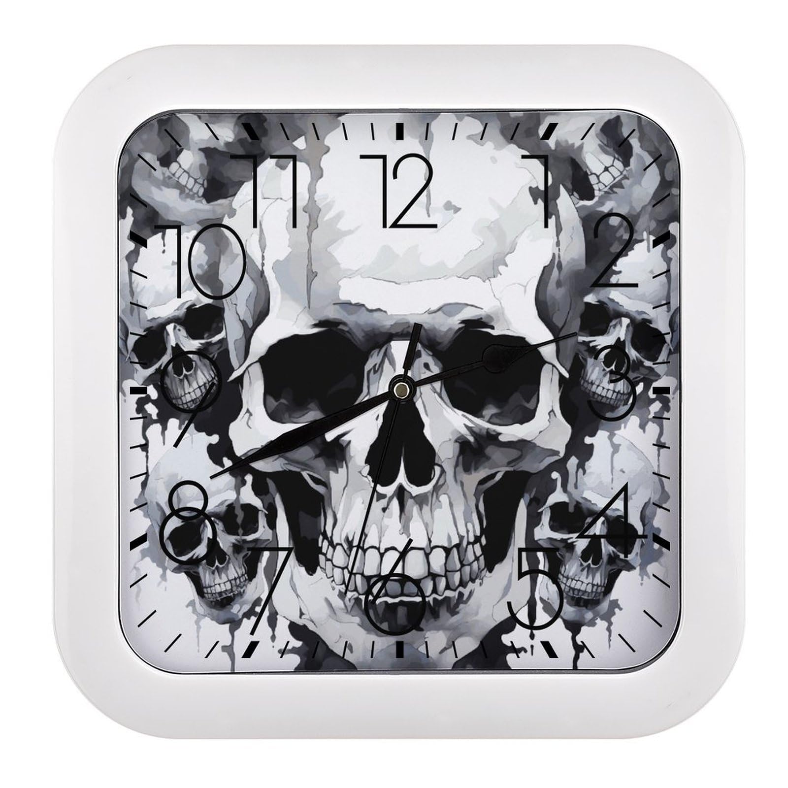 FekiLoot White and Gray Skull Graphics Wall Clock 10.2" Modern Farmhouse Square Clocks Silent No Ticking, Wall Art and Timepiece Clock for Shelf Table Mantel Or Bedside Clocks
