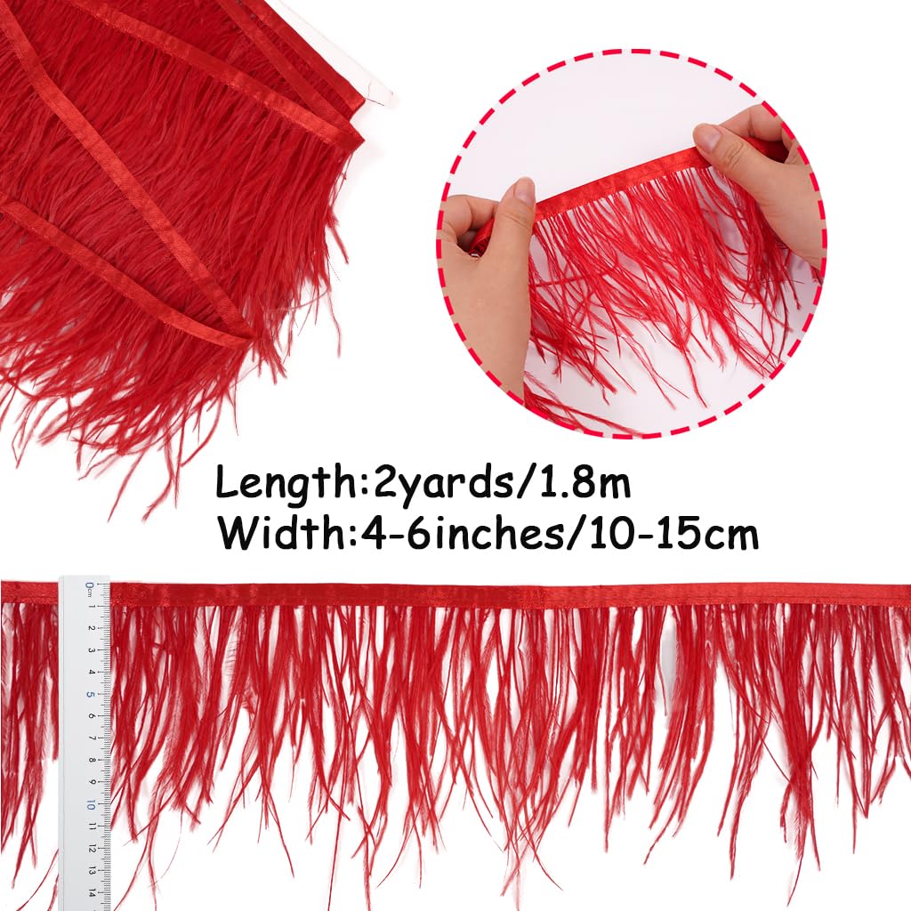 2Yard Red Ostrich Feather Fringe Trim 4-6inch in Width for DIY Costume Sewing Craft Decor Dress Accessories Party Supplies Festival Outfits - Image 3