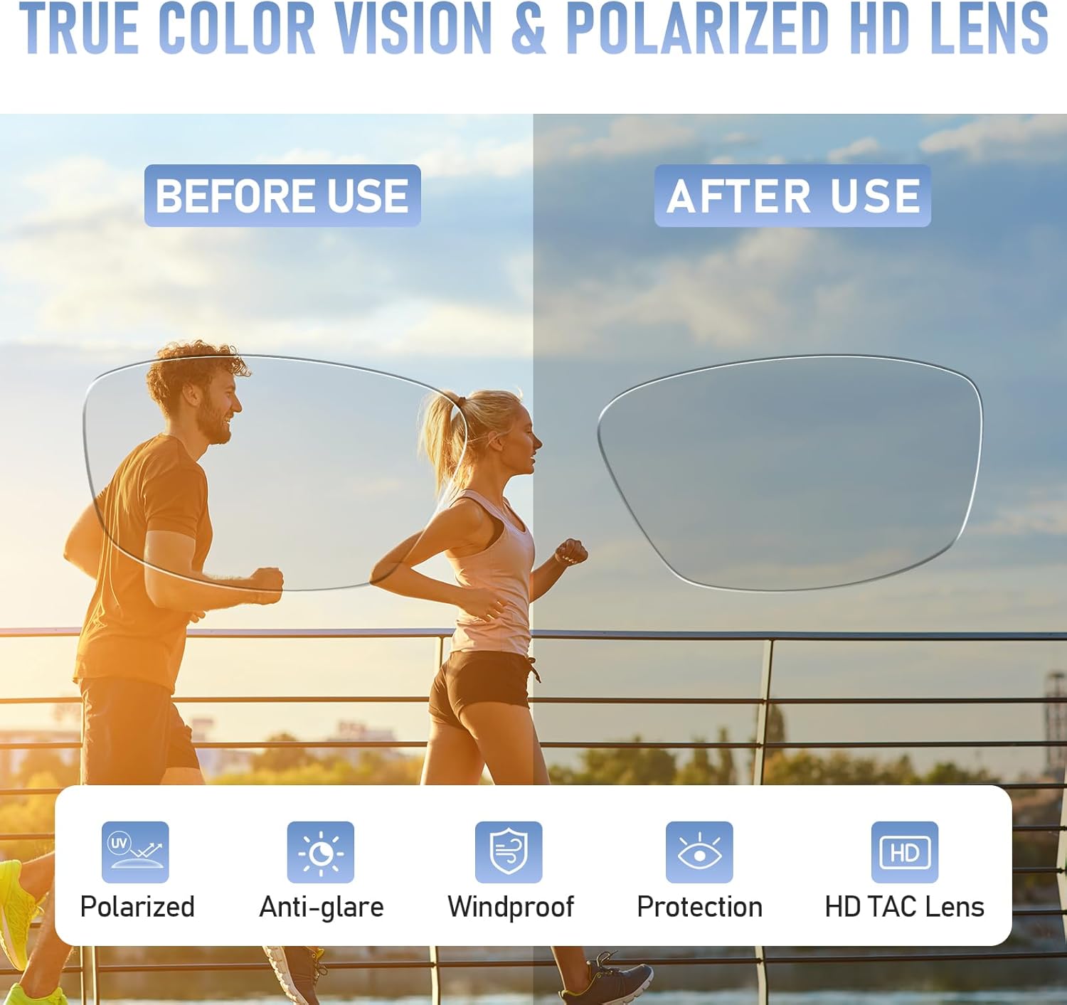 Comparison of vision before and after using CHEREEKI polarized HD lenses.