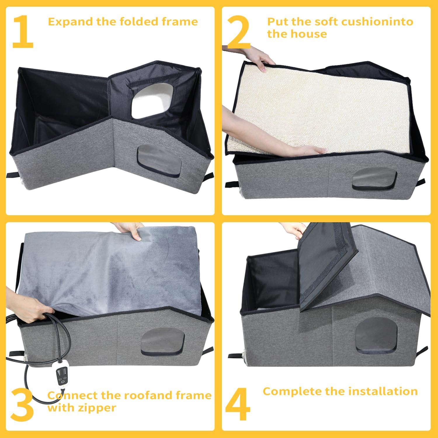 Heated Cat House for Outside-Waterproof & Windproof Outdoor Cat Shelter with Removable Heating Pad & LED Lights for All Seasons (Gray, 12"x24")