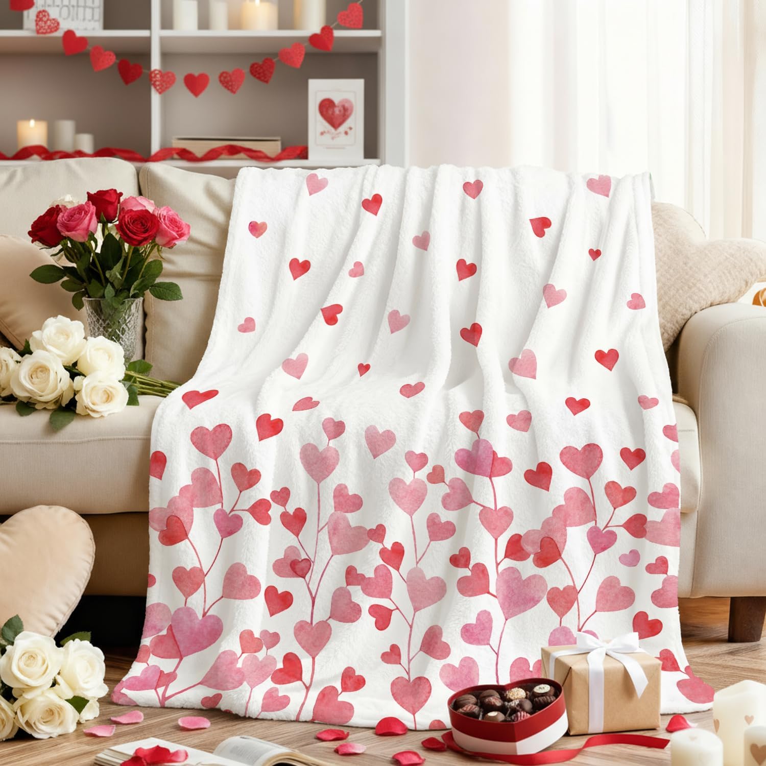 Horaldaily Valentine Flannel Blanket Throw, Pink Floral Love Hearts Soft Fuzzy Plush Cozy Fleece Blankets for Couch Sofa Bed Lounging, Ideal Gifts for Kids Adults Wife Self, 60x80