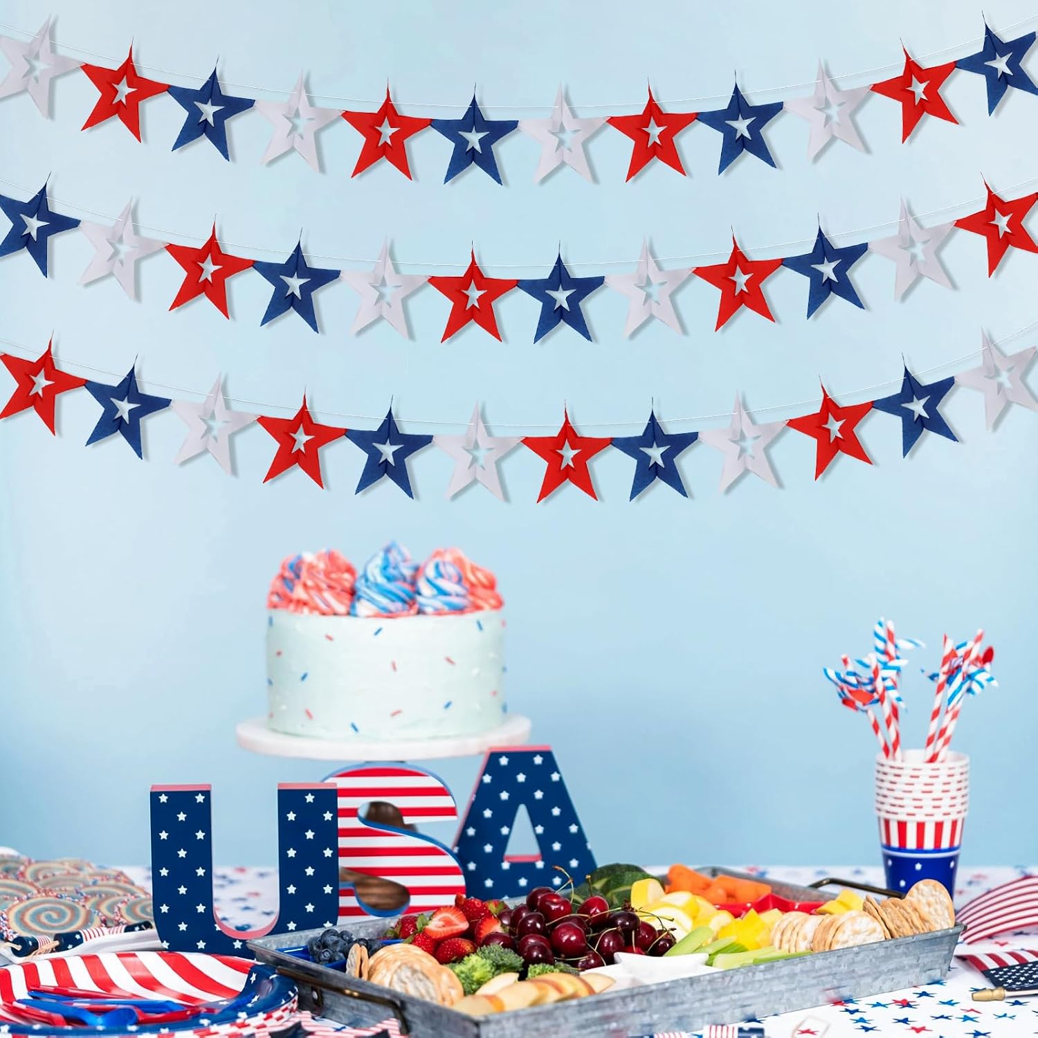 4th of July Star Banner Garland Decorations, 3pcs Patriotic Red White Blue Independence Day Hanging Decor, Memorial Labor Veterans Day Party Decorations Banner Hanging Sign for Home