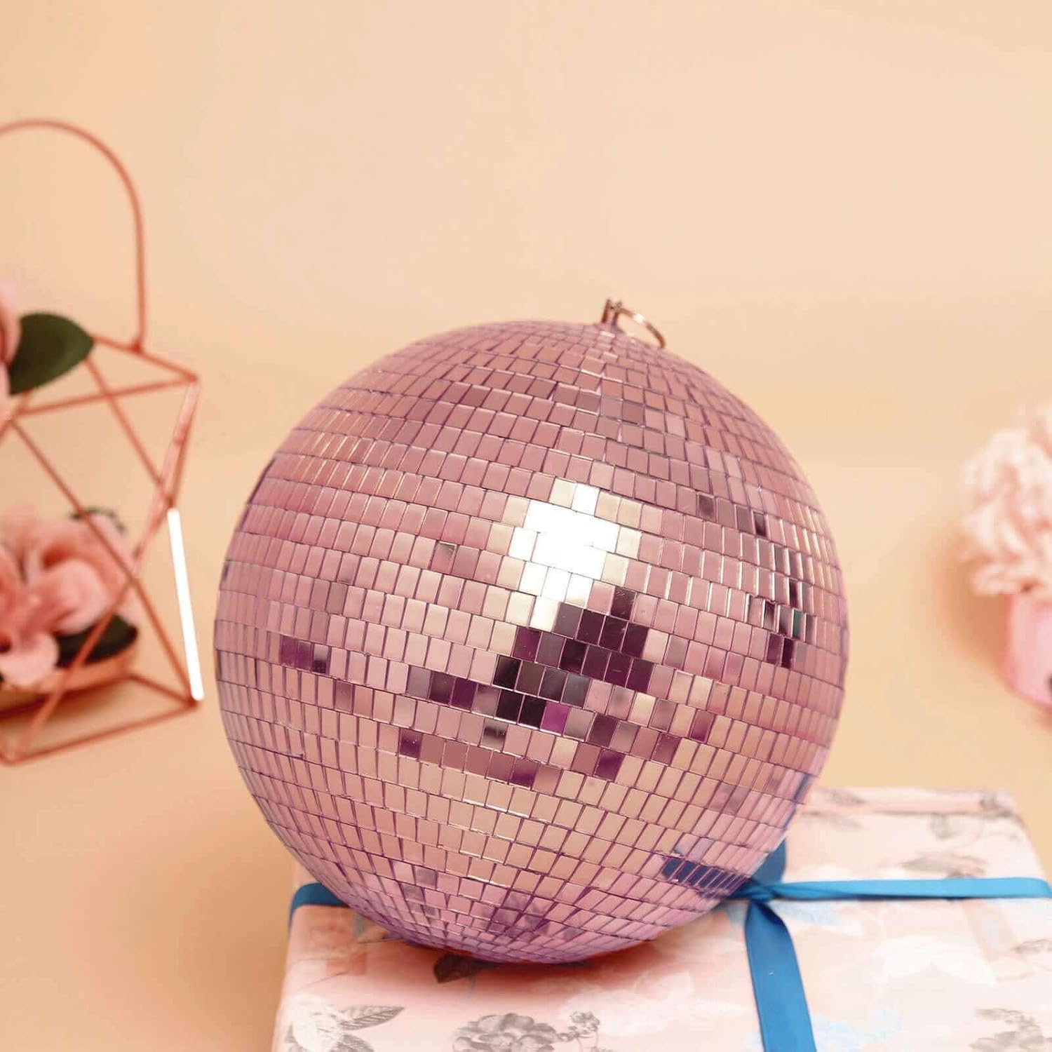 Efavormart 2 Pcs 9" Rose Gold Glass Mirror Disco Ball with Hanging String Christmas Ornaments