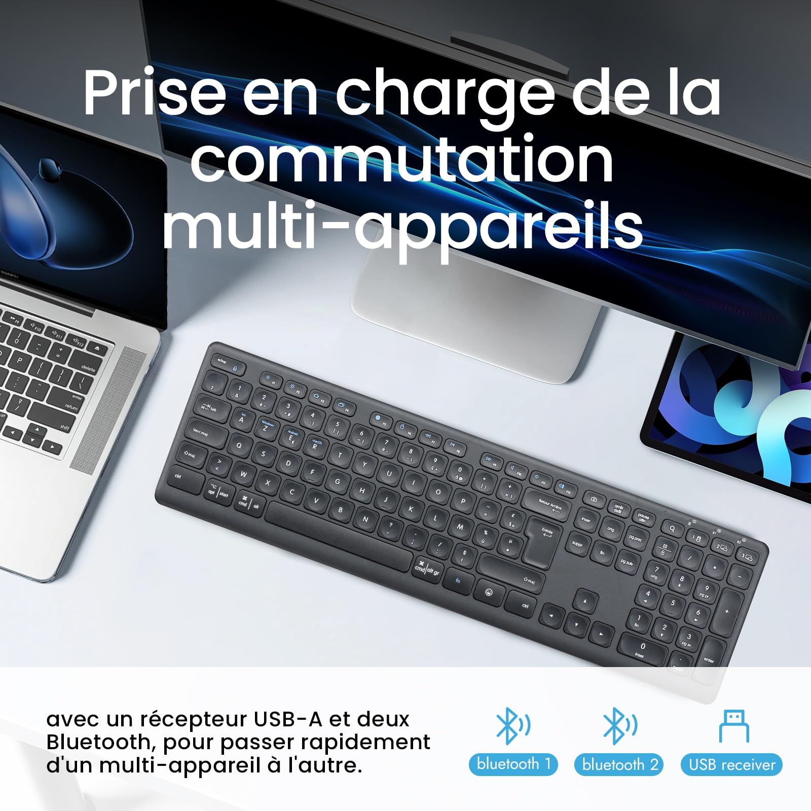 CITLLA K9300 Clavier sans Fil Bluetooth, Clavier Silencieux Multi-appareils pour Windows, Taille Normale, pavé Numérique, Touches Multimédias, Longue Batterie Durée, Compatible avec Ordinateur, PC