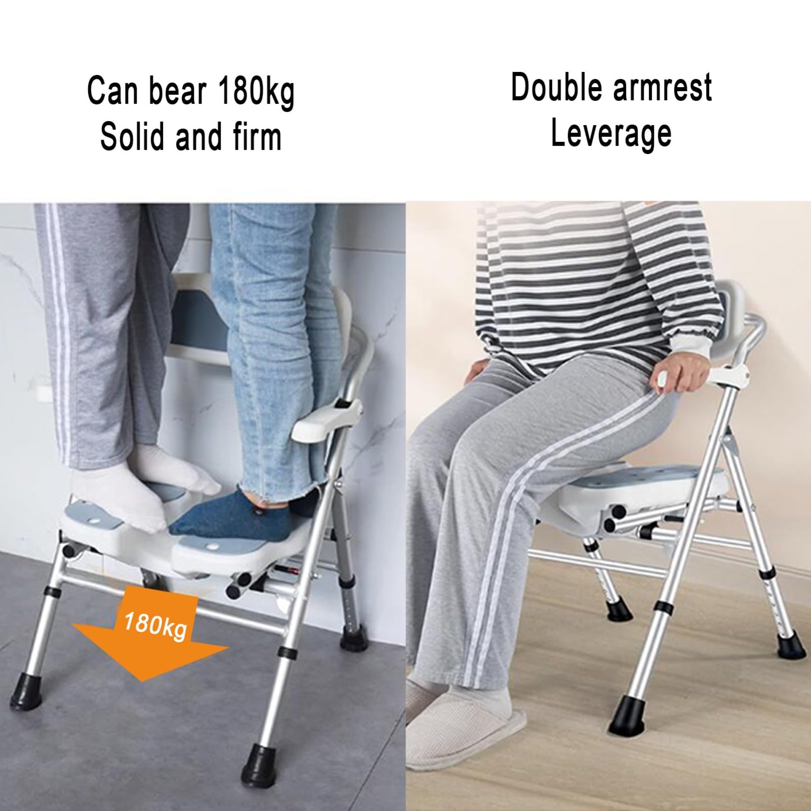 Sedia da doccia pieghevole con braccioli e schienale, sedia da doccia regolabile in altezza in 6 gradini, design antiscivolo, adatta for anziani, disabili, anziani e donne incinte