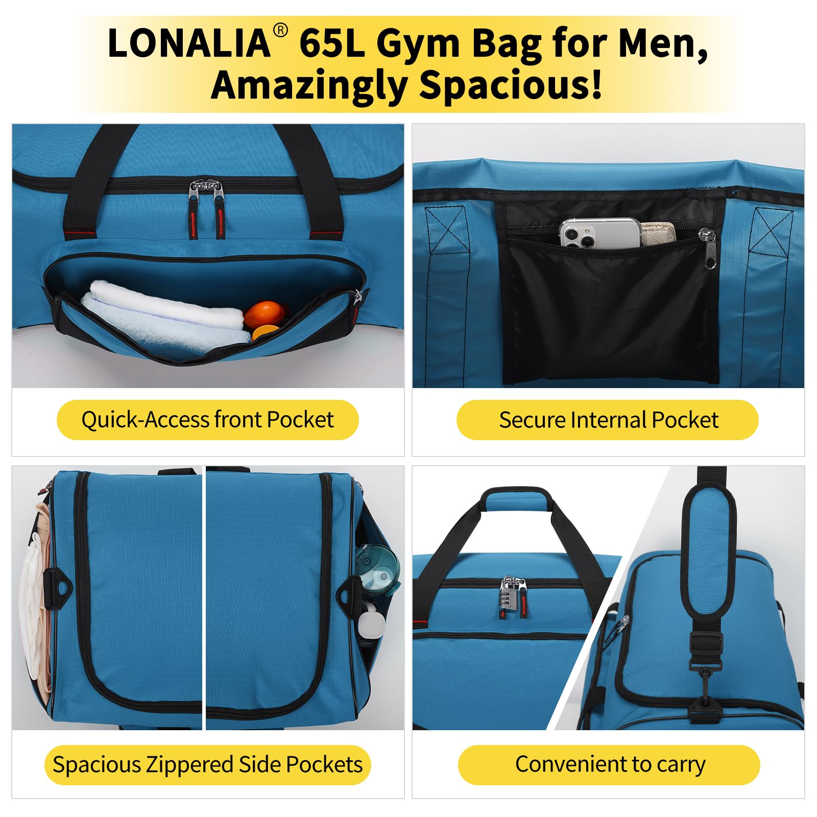 Borsone sportivo, 65l-blu, 65L-24inch, LONALIA Borsone sportivo da palestra