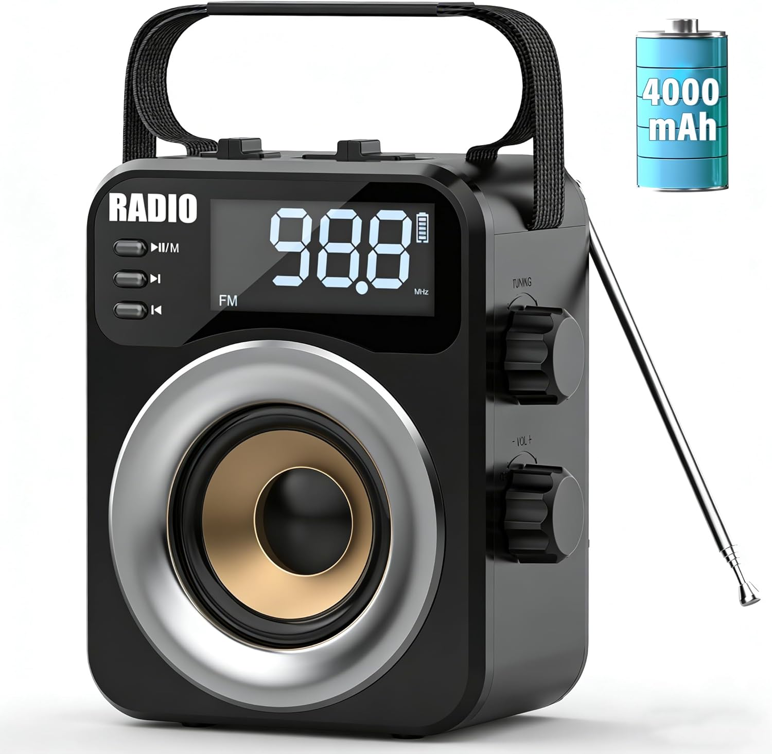 Radio Portable AM FM WB SW,Bluetooth Digital Radios Built-in 4000mah Rechargeable Battery/DC D*3 Cell Battery Operated,10W Speaker,Tf/USB Playback,LCD Display Weather Alert for Home Outdoor Emergency