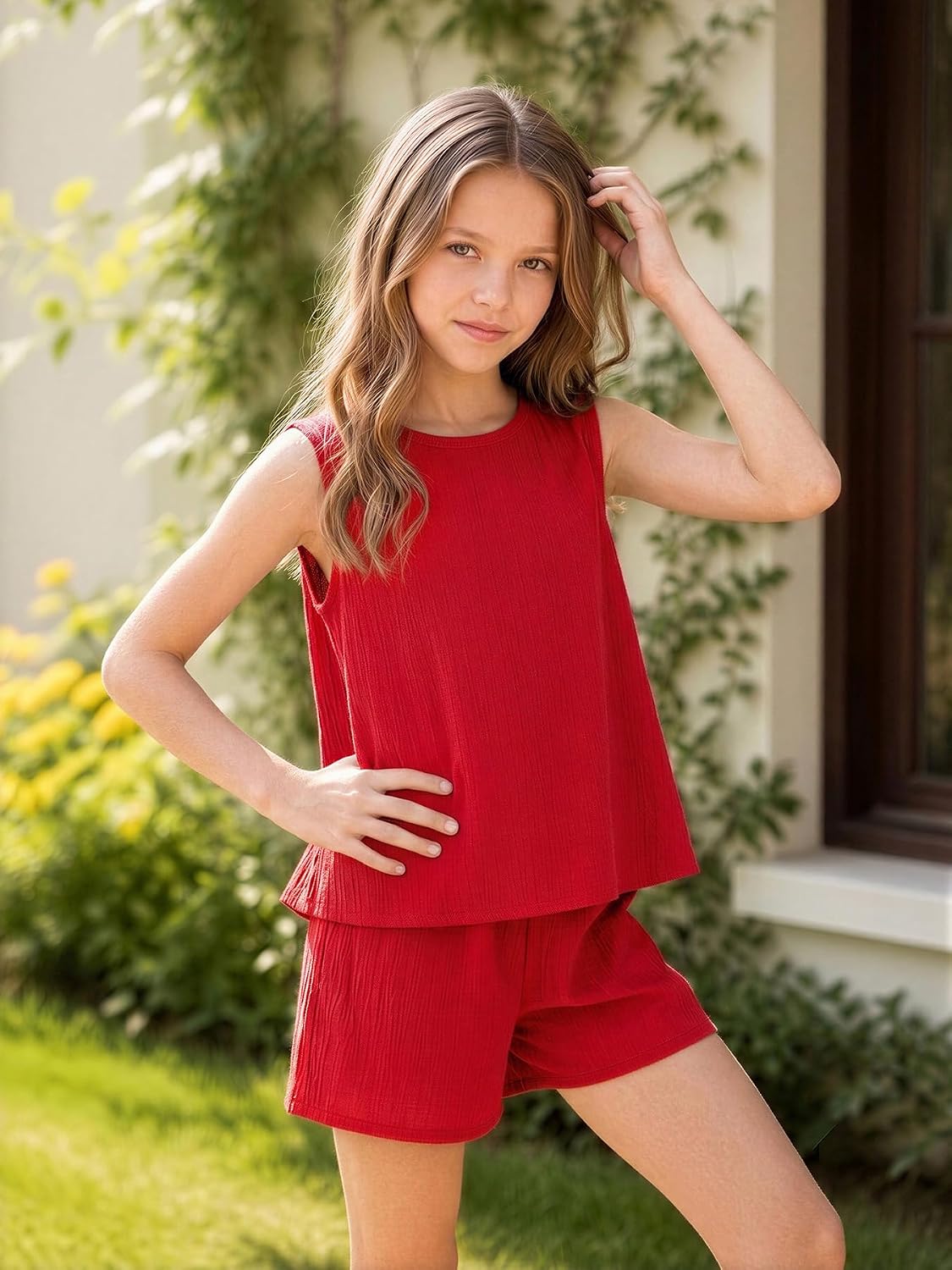 TTYAOVO Girls 2 Piece Outfit Sleeveless Back Bow Top Elastic Shorts Set 8-12Y