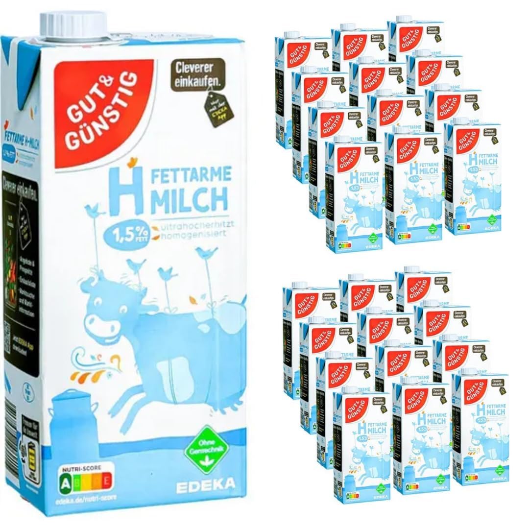 Milch Gut&Günstig fettarme H-Milch 1,5% Fett Haltbare Milch, je 1 Liter, 24 Stück mit Pufai Grocery