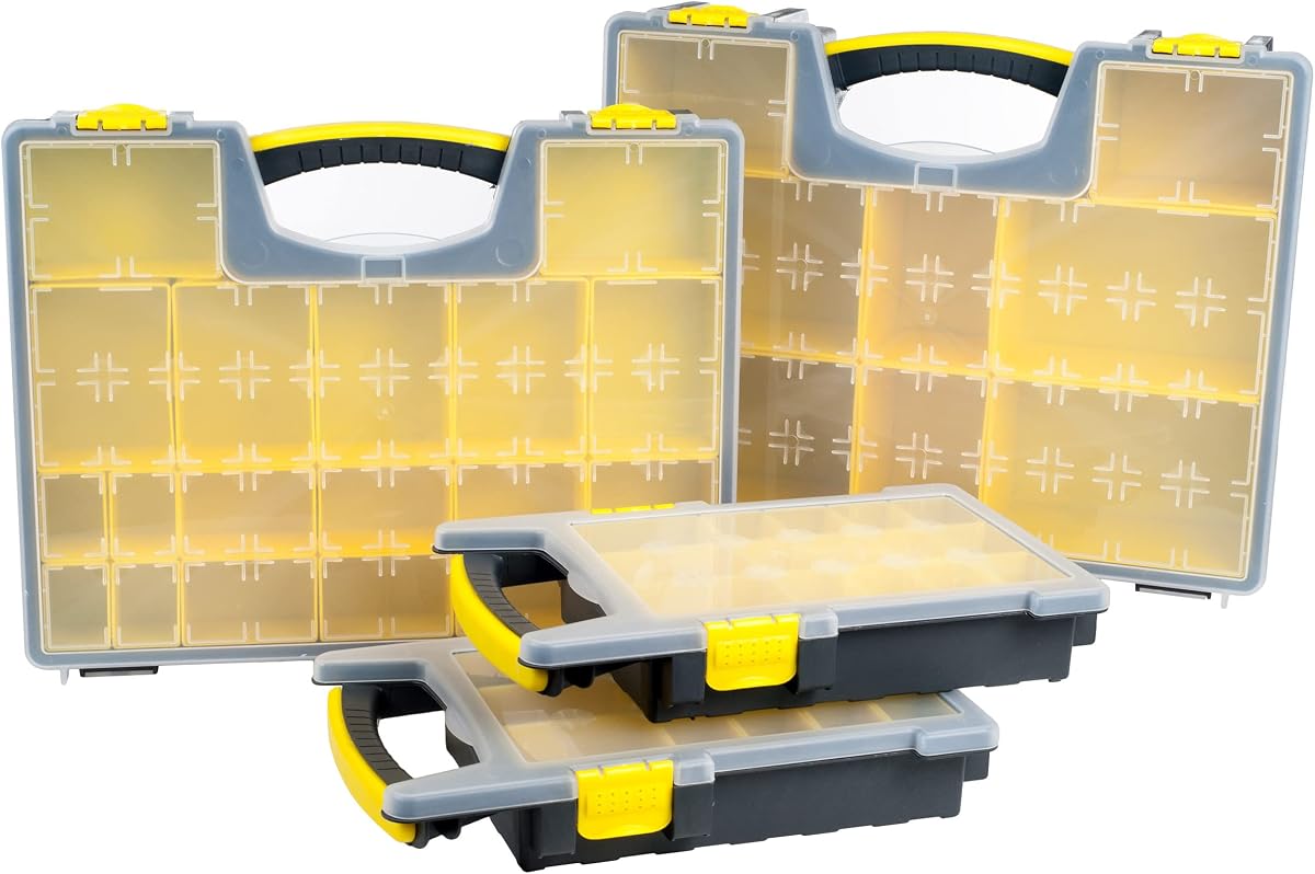 Storage Organizer Tool Box Set, Yellow/Black, Set of 4 | Plastic Clear Top Bins for Small Parts, Crafting Supplies, and Hardware Organizers with 3 Sizes of Compartments