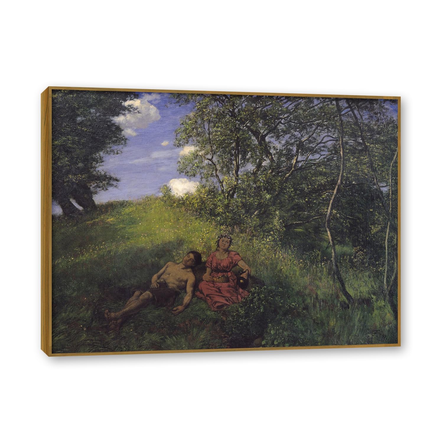 NHLDZYH Teak Frame. Hans Thoma Style Canvas Wall Art - (Siesta), German Romantic Realism Painting with Symbolic Nature, Rustic Country Home Decor. 70x90cm-27.6x35.4in