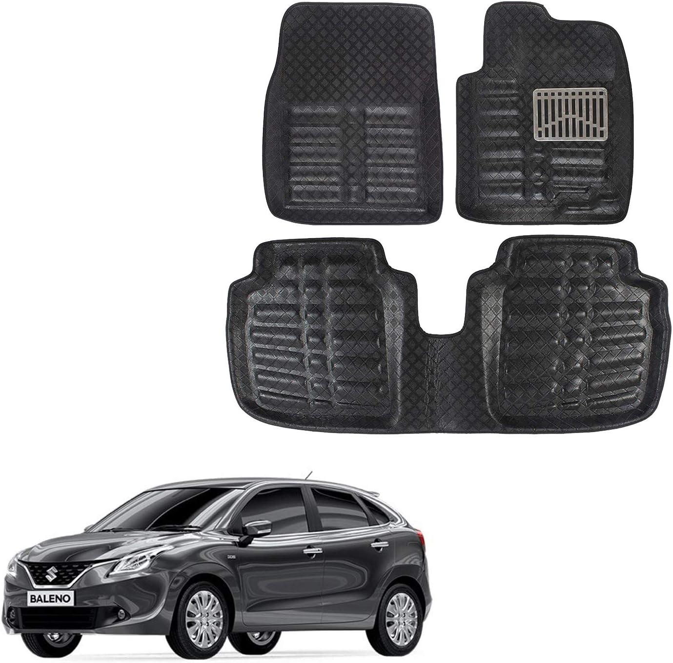 Oshotto 4D Black Car Floor Mats Compatible with Maruti Suzuki Baleno 2015-2022 - Set of 3 (2 pcs Front & one Long Single Rear pc)