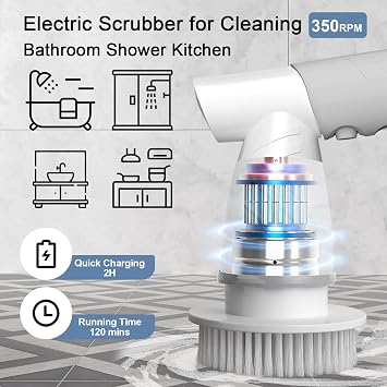Electric Spin Scrubber, Bathroom Shower Electric Scrubber for Cleaning Tub/Tile/Floor/Sink/Window, Power Cleaning Brush Rechargeable Cordless with 4 Replaceable Cleaner Brush Heads