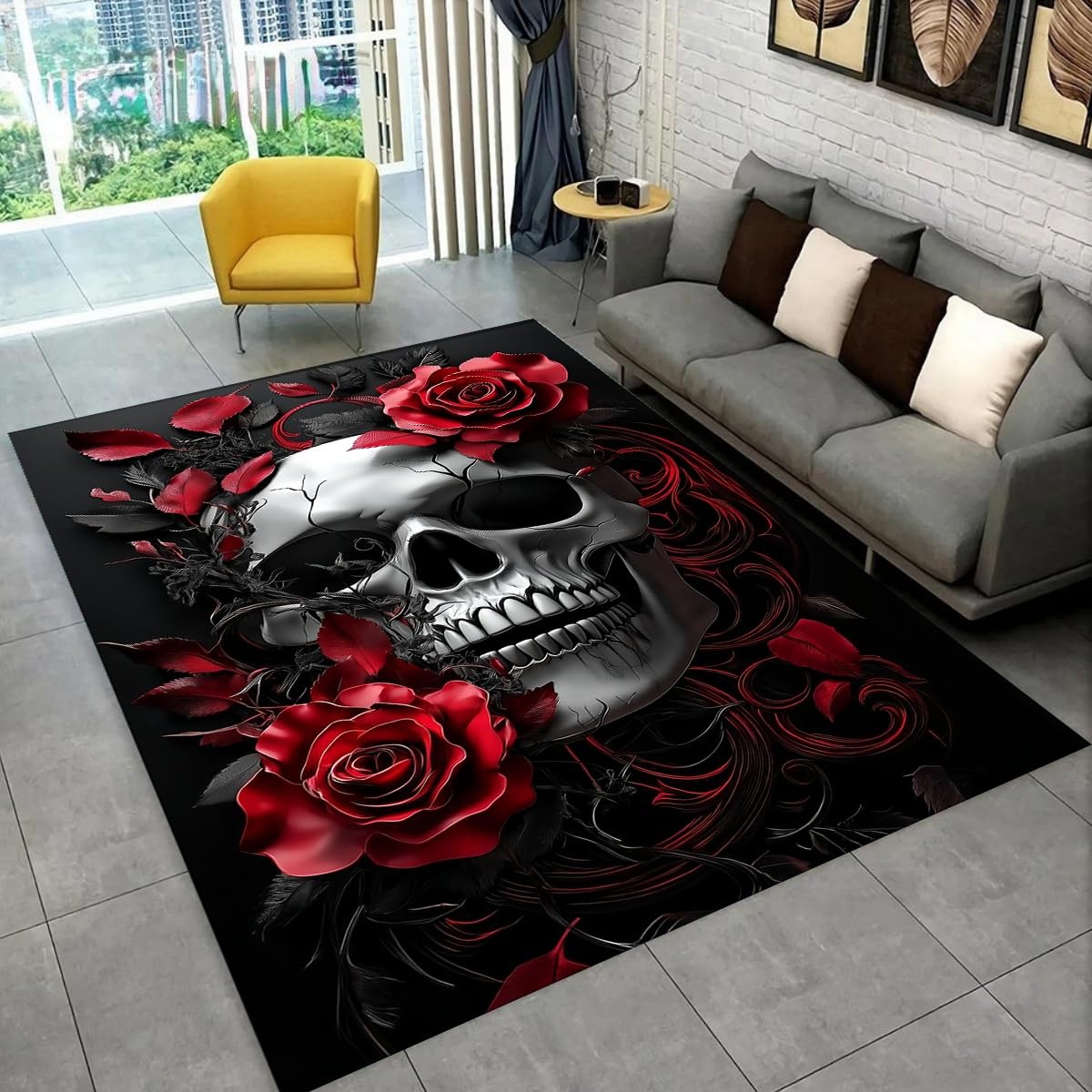 Dywan gotycki z czaszką, nadruk 3D, ciemna róża, ponury żniwiarz, antypoślizgowa mata podłogowa (kolor: 1160 x 230 cm)