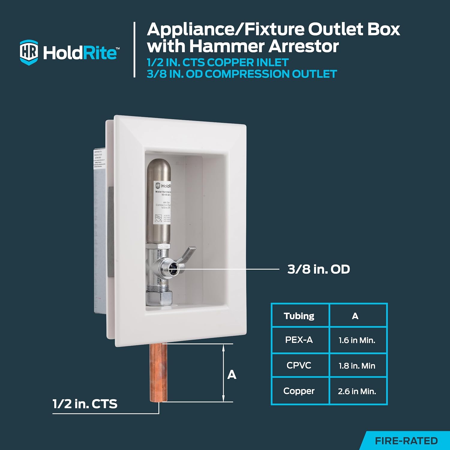 Holdrite 3/8 Inch OD Compression Connection Fixture Outlet Box with Water Hammer Arrestor, Pre-Assembled, Fire Rated, 1/2 Inch CTS Copper Tailpiece, HR-AFRA-M-1