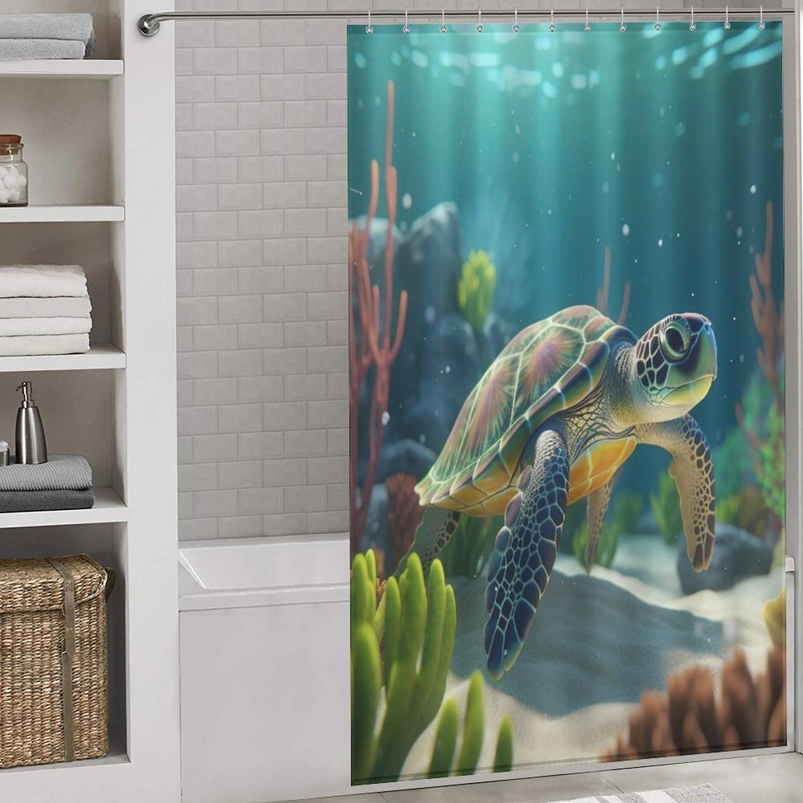 Rideau de douche tortue de mer tissu polyester rideau salle de bain lavable 140x183 cm avec crochets