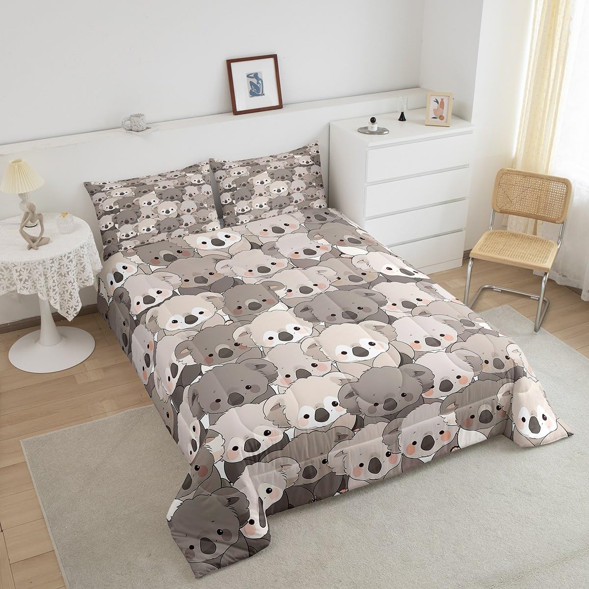 Feelyou Koala Bedding Set Full Size Kawaii Koala Print Comforter for Kids Teens Adults Cartoon Comforter Set Animal Quilt Set Room Decor 3Pcs with 2 Pillow Case