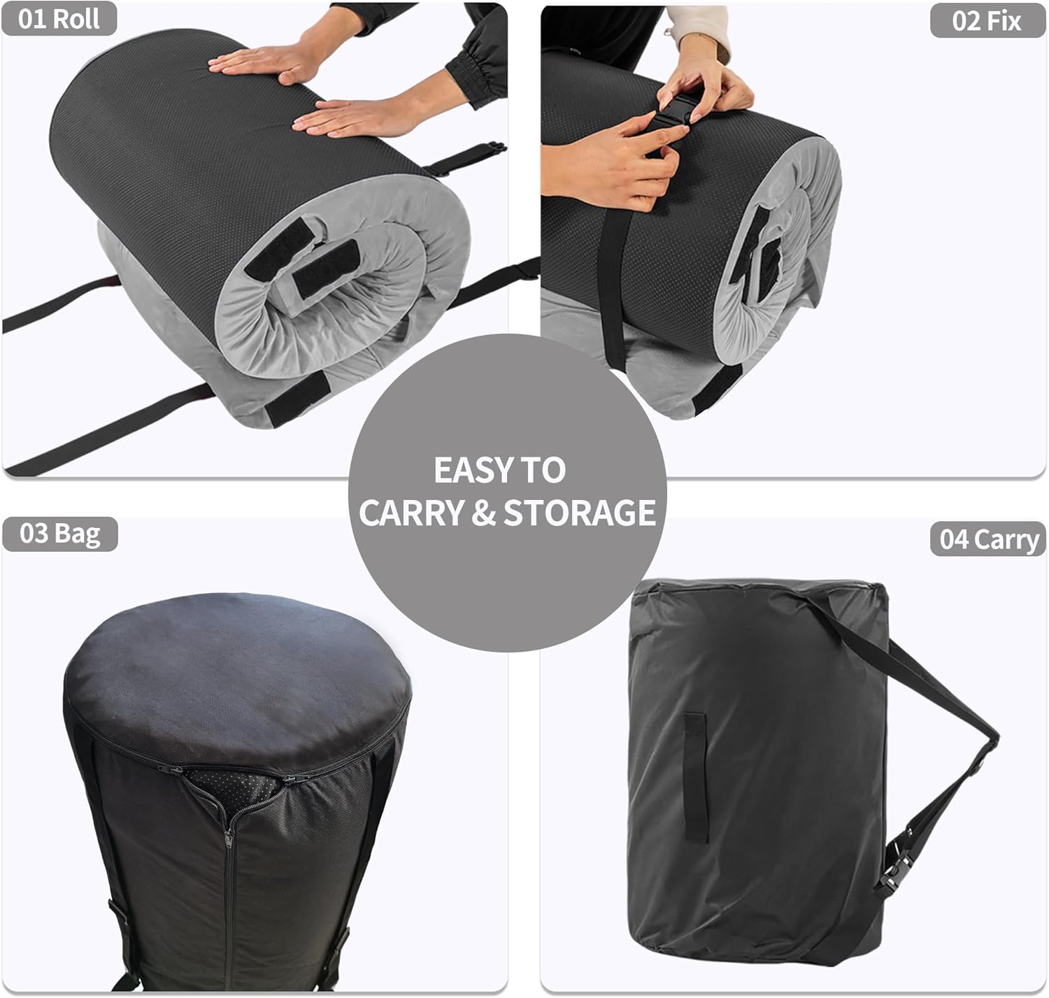 3 Inch Memory Foam Camping Mattress Pad, Dual Layer Thick Sleeping Camp Mat for Sleepover Car Tent, Portable Roll Up Mattress for Adults with Travel Bag