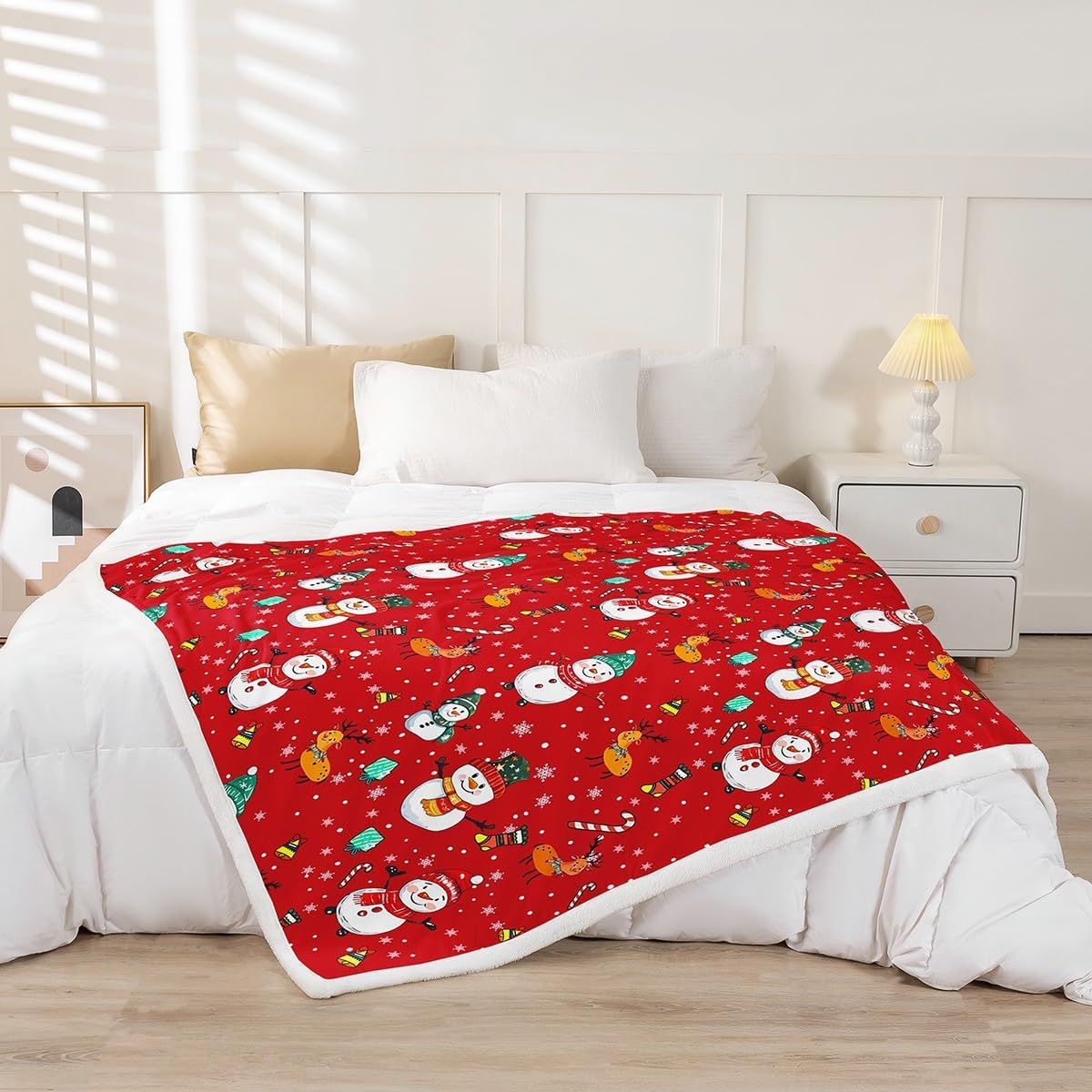 Merry Christmas Snowman Kawaii Plush Bed Blanket, Twin Size for Kids Boys Girls, Xmas Deer Snowflake Fleece Blanket, Red