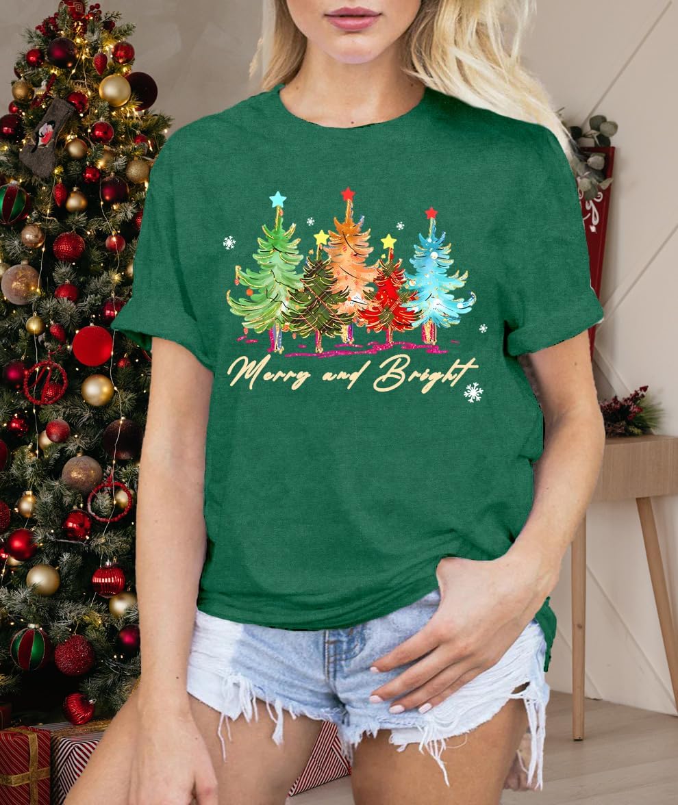 LBP Merry Christmas Shirt for Women Merry and Bright Christmas T-Shirt Xmas Holiday Tee Tops - Image 4