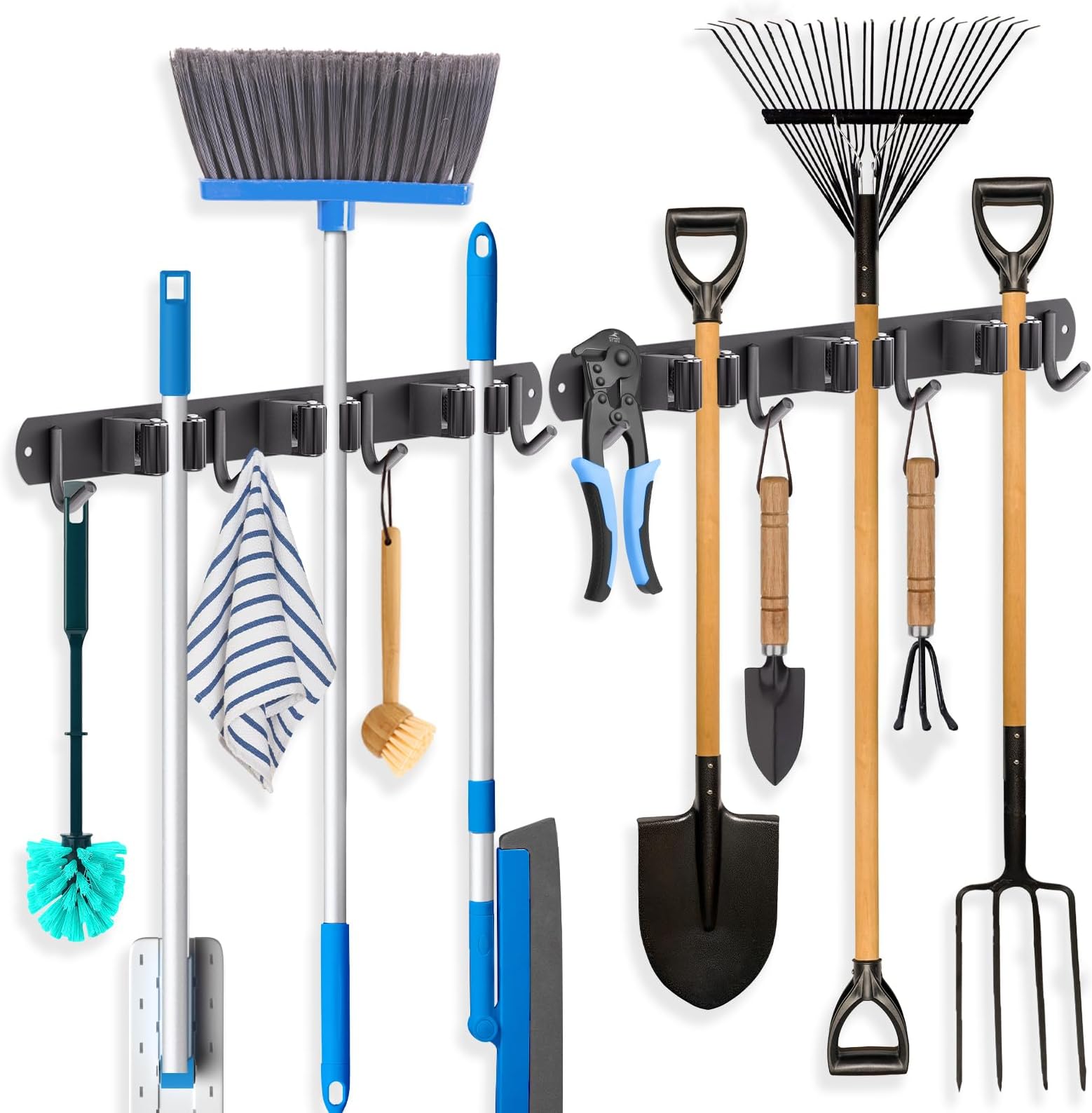 ZONGOOL 2 Pack Mop Broom Holder Wall Mount, Broom Organizer Storage Tool Racks Stainless Steel Self Adhesive Heavy Duty Hooks for Home Kitchen Garden (3 Racks with 4 Hooks, Black)