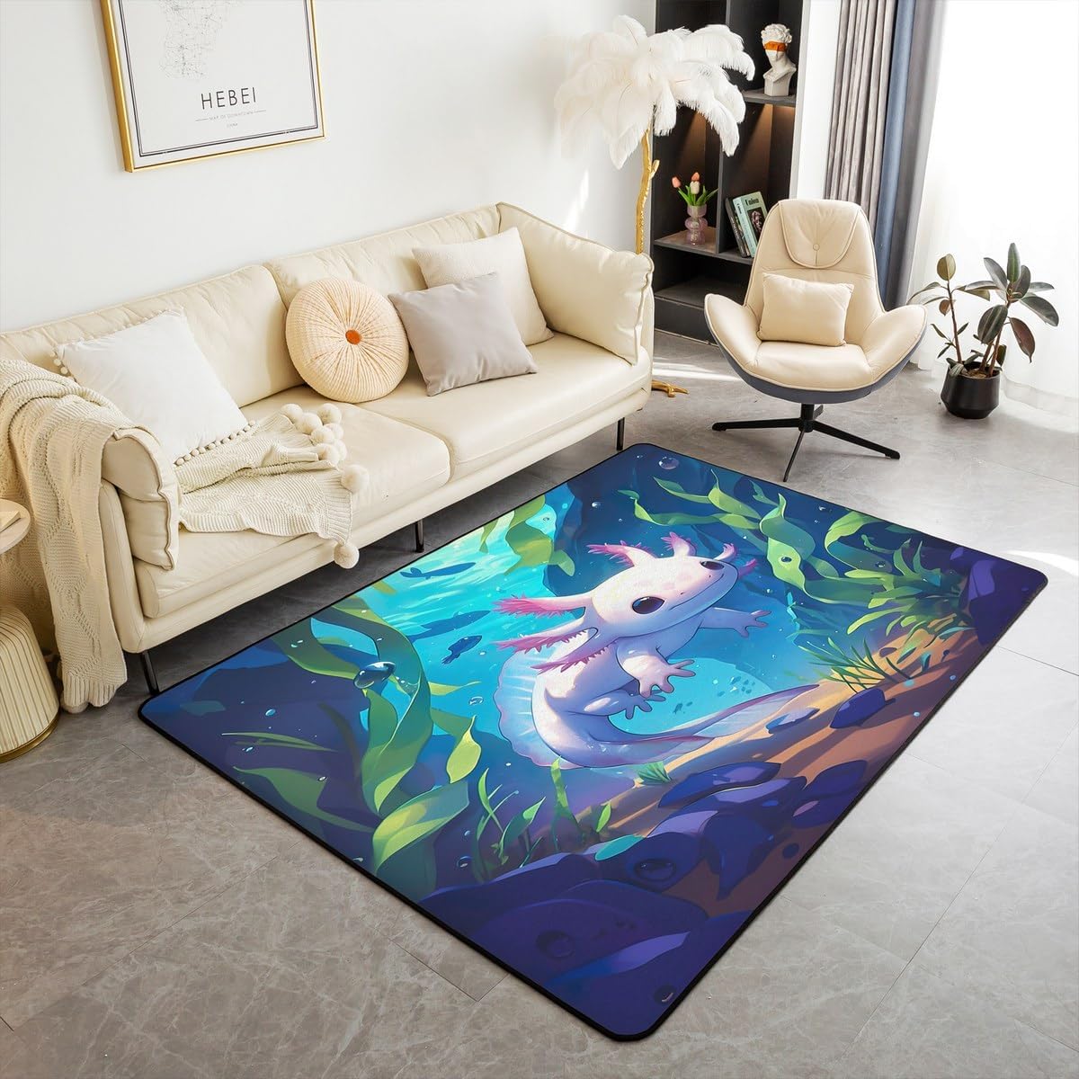 Feelyou Ocean Sealife Indoor Floor Mat Area Rug 5x7 Cute Axolotl Living Room Rugs for Kids Cartoon Salamander Accent Rug Women Men Teens Ultra Soft Decor Reptile Animal Decorative Rug