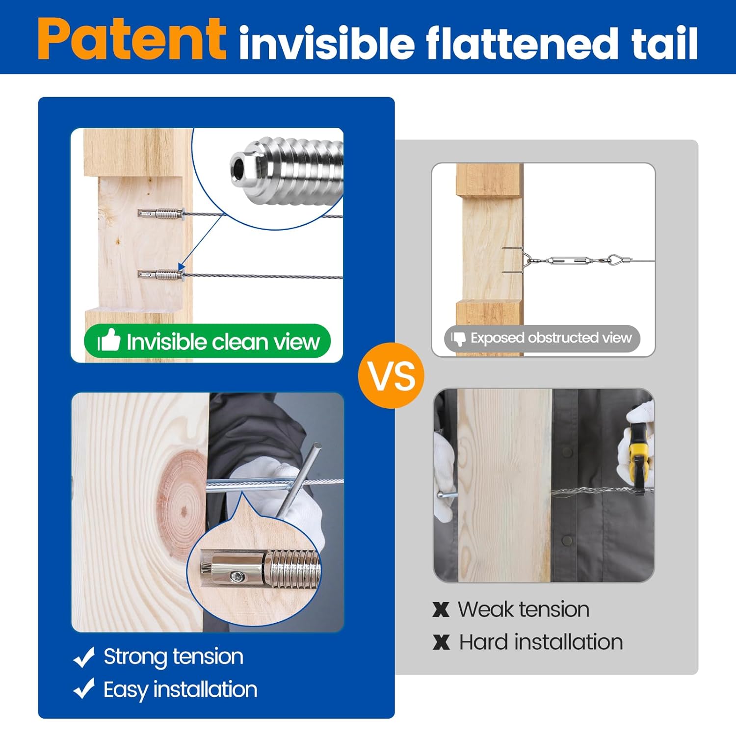 [Patent] Muzata 20 Pack 1/8" Swageless Invisible Cable Railing Kit Hardware Swageless Fittings Lag Screw Hidden for 4x4 6x6 8x8 Wood Posts T316 Stainless Steel Deck Cable Railing System 10 Pairs CB16