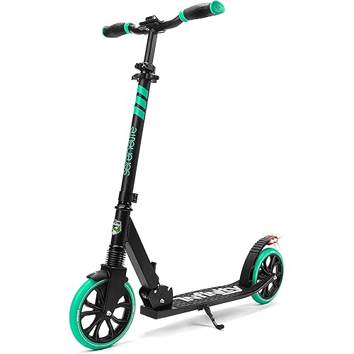 SereneLife Lightweight and Foldable Kick Scooter - Comfortable T-Bar Handlebar, Adjustable Scooter for Teens and Adult, Alloy Deck with High Impact Wheels, Durable ABEC-7 Bearings, (Aqua on Black)